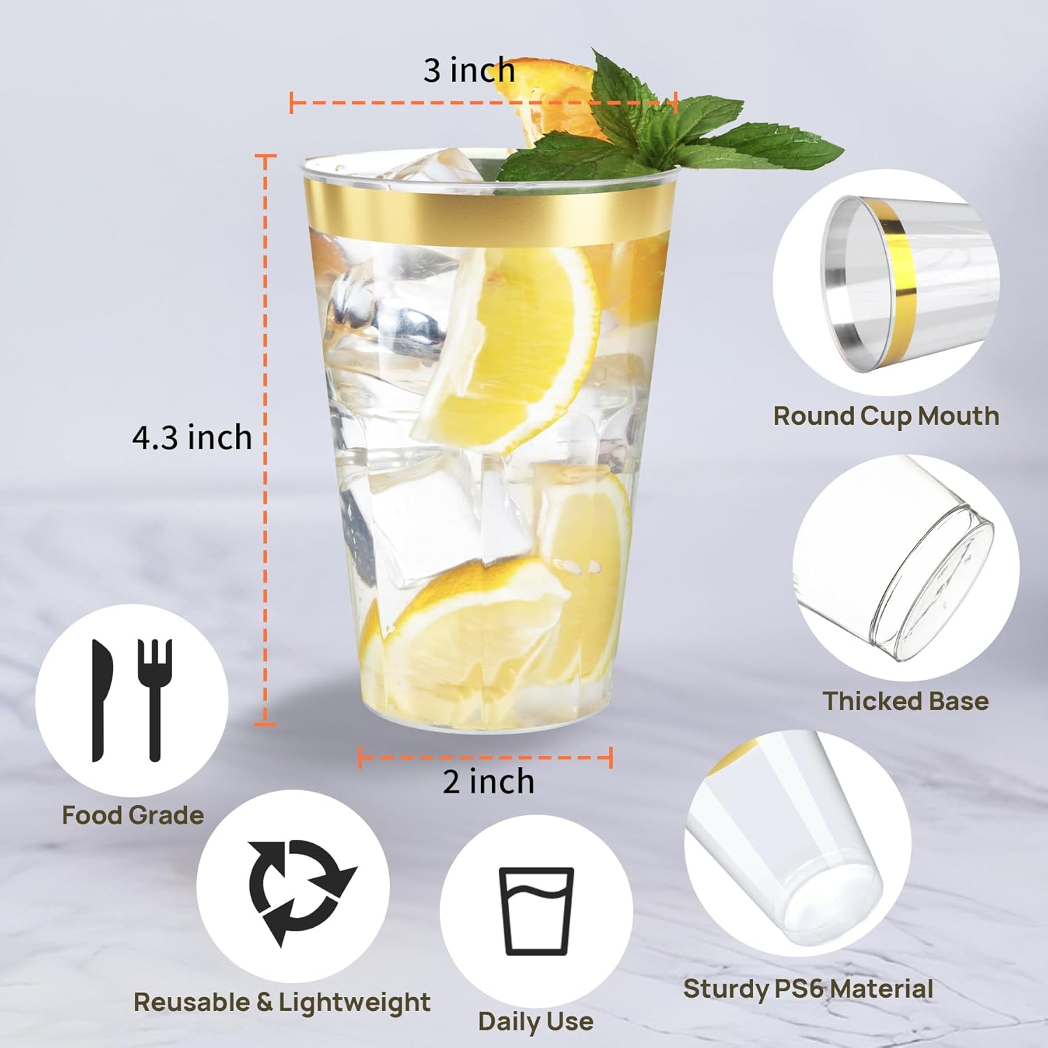 12oz Clear Plastic Cups with Gold Rim 100 Pack