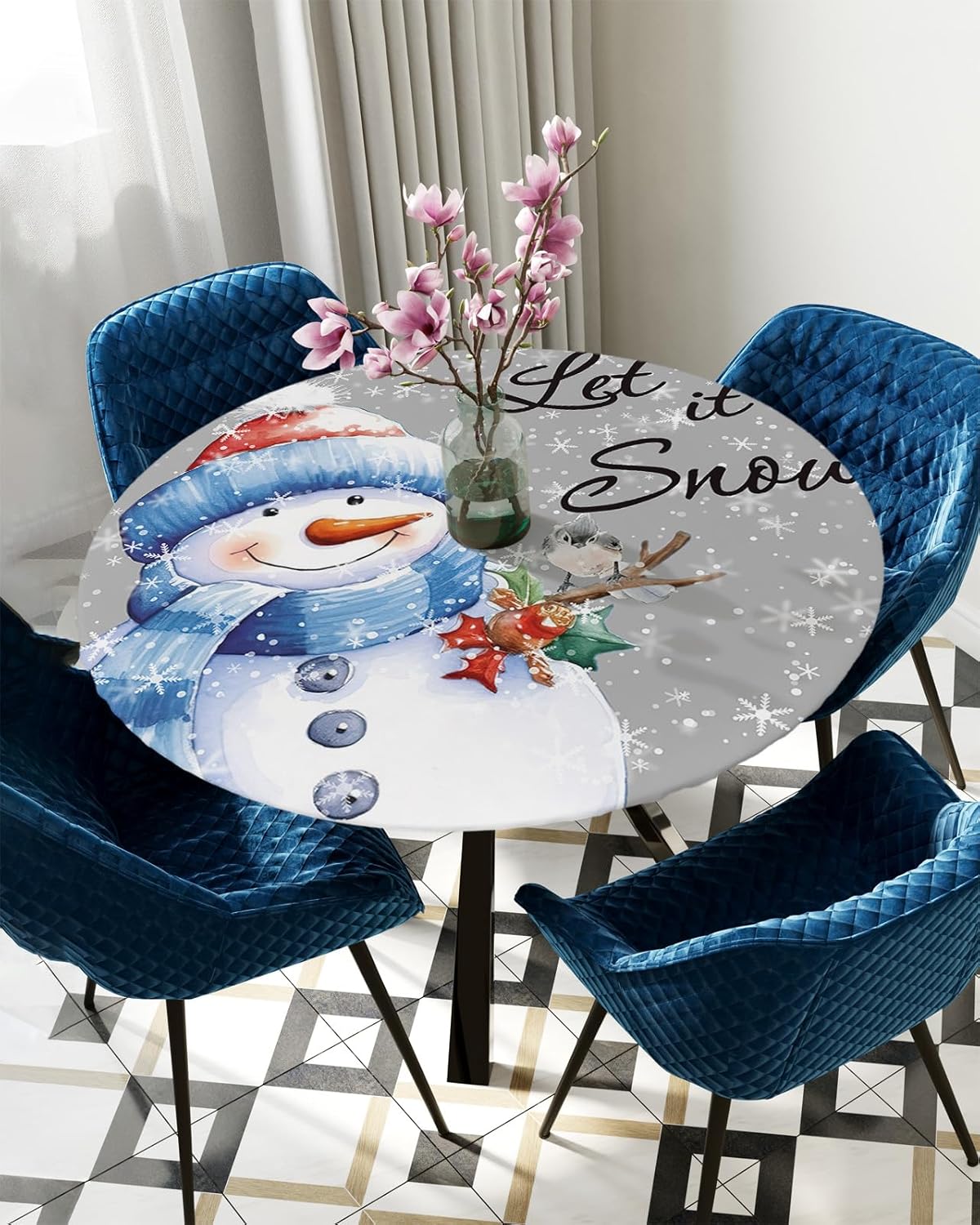 Grey Snowman Round Waterproof Table Cover for Indoor Outdoor Use