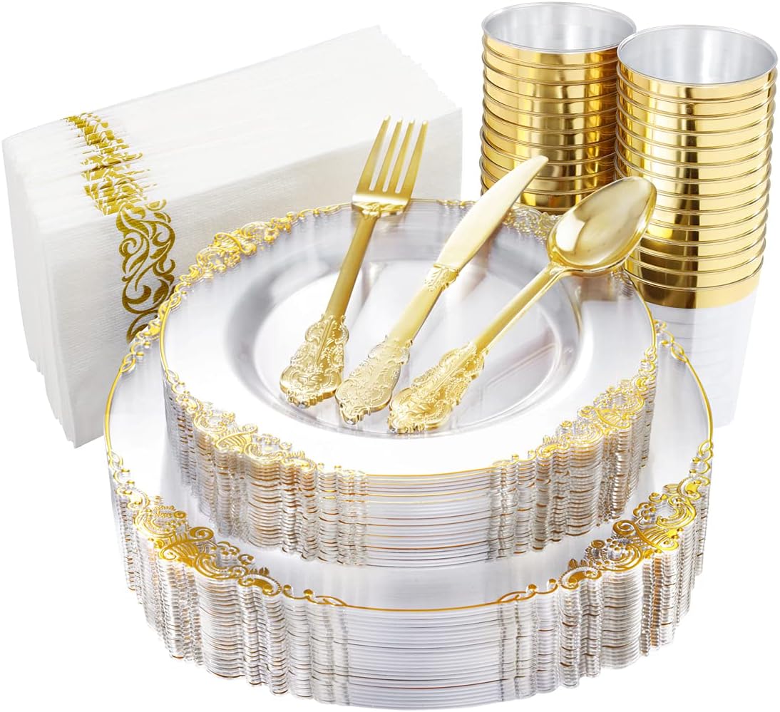 Nervure 175PCS Clear Gold Plastic Plates Set for 25 Guests