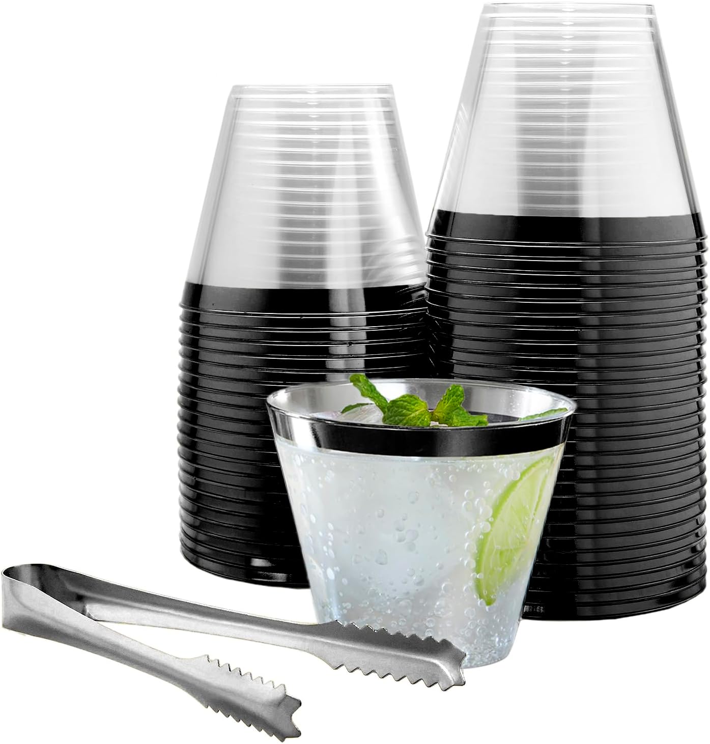 100 Black Rimmed Plastic Cups with Silver Ice Tongs Set
