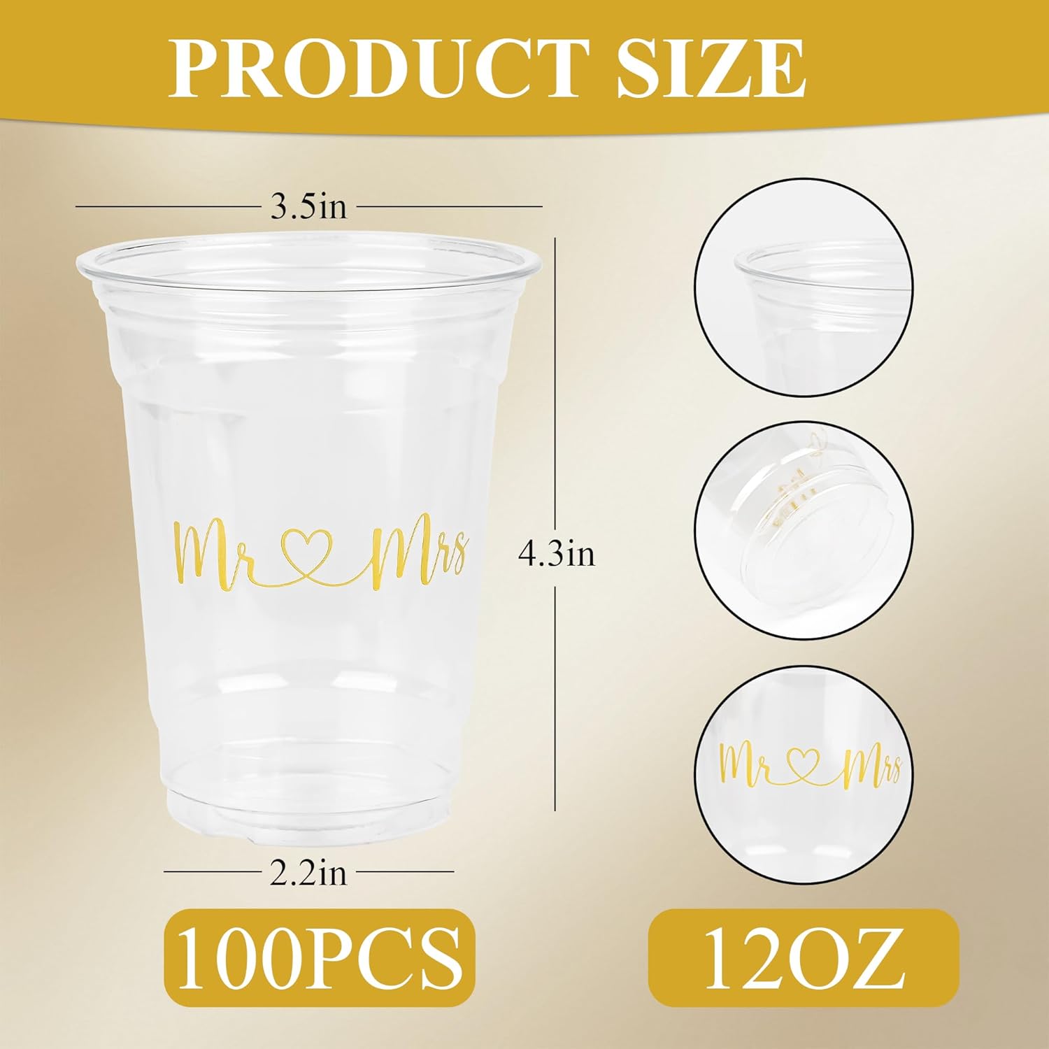 100Pcs Mr and Mrs Disposable Plastic Cups Wedding Reception 12oz Clear Drinkware