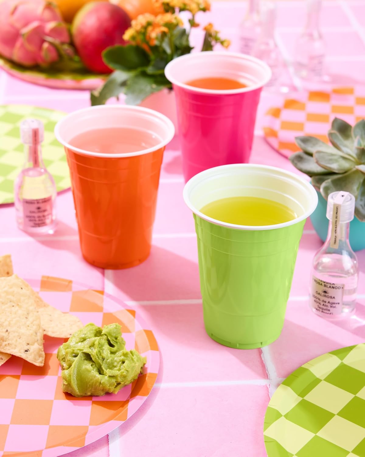 XO Fetti Pink Orange Green 16 oz Plastic Cups - 50 Piece Set