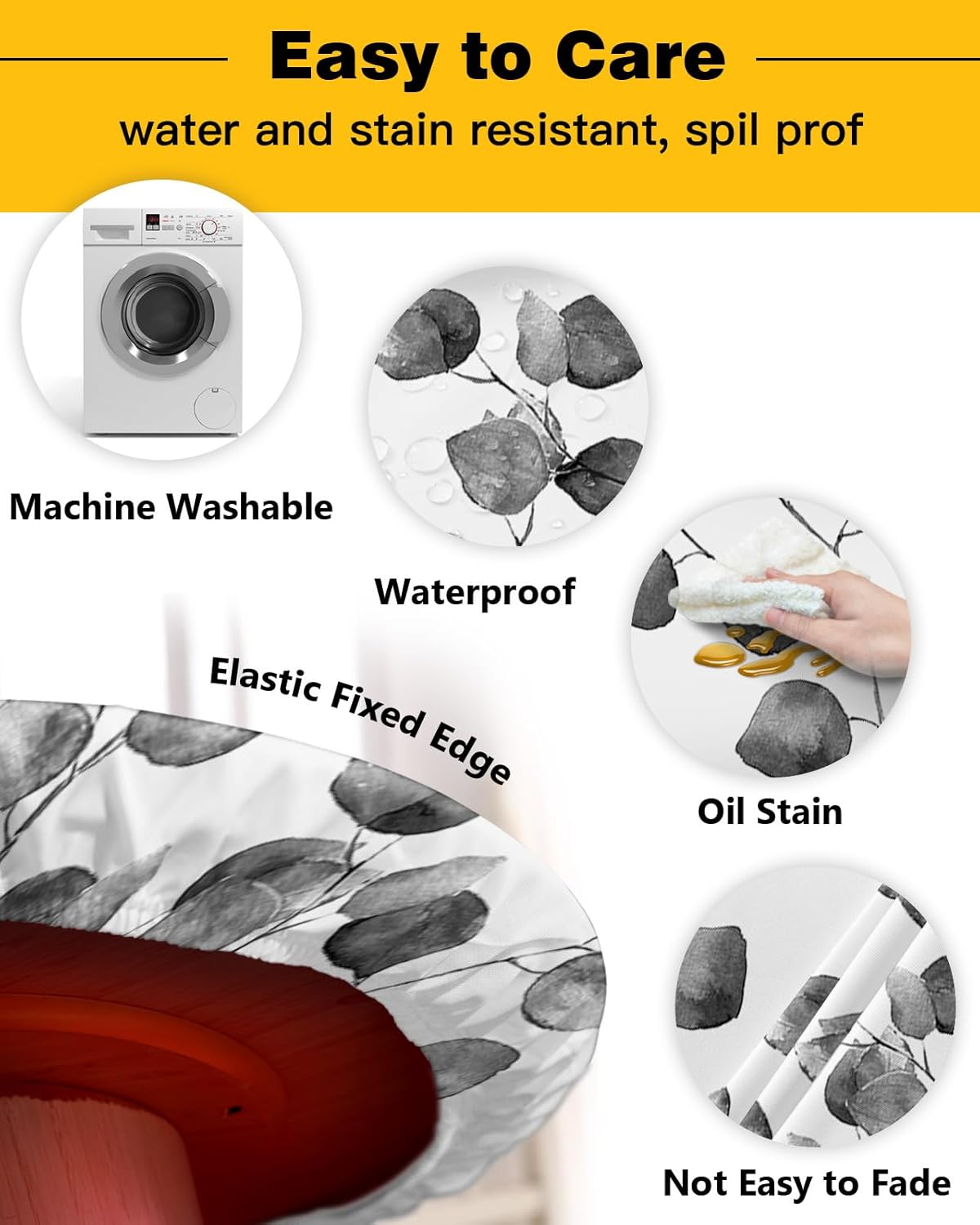 Grey Leaves Round Waterproof Table Cover Fitted Tablecloth