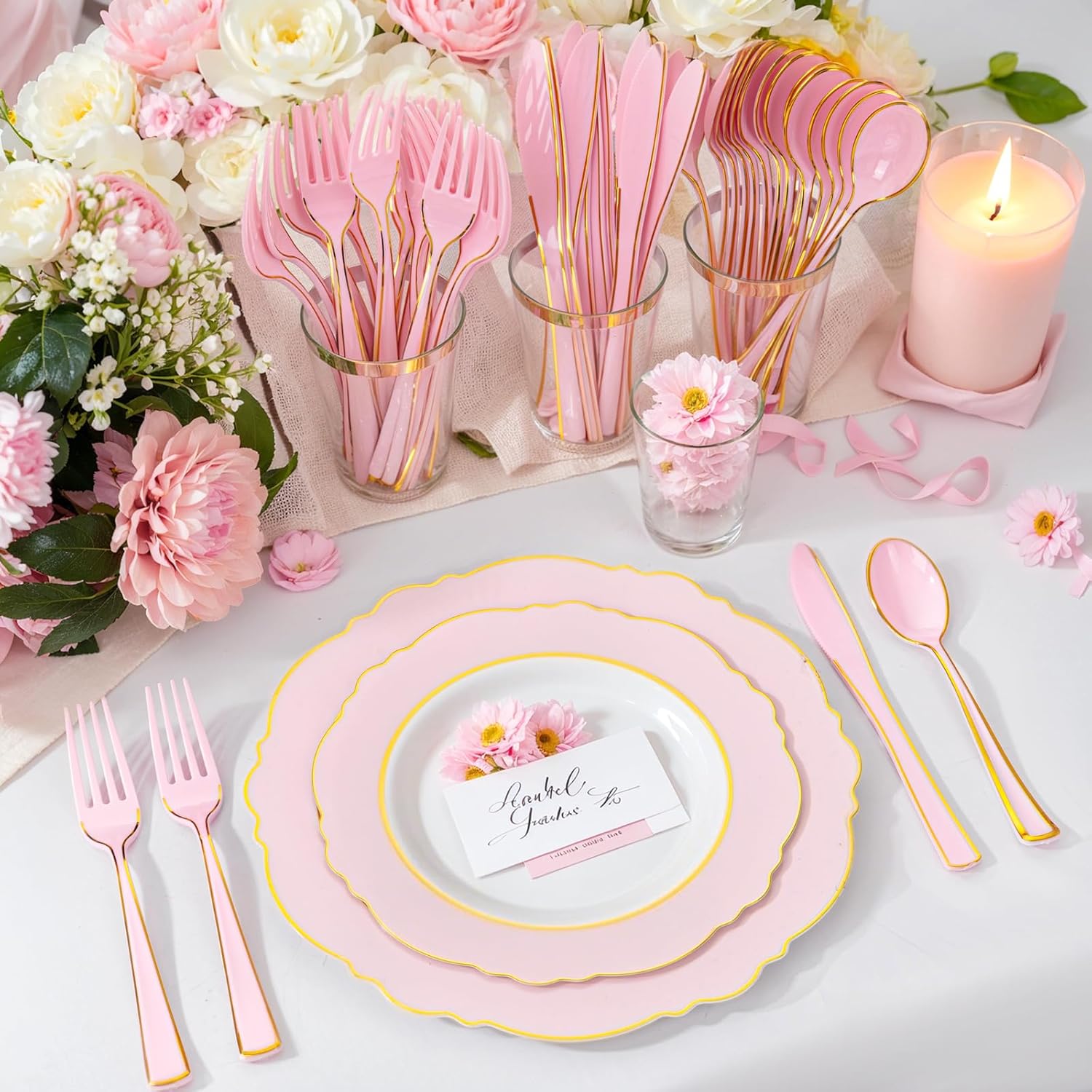 180 Piece Pink Plastic Silverware Set with Gold