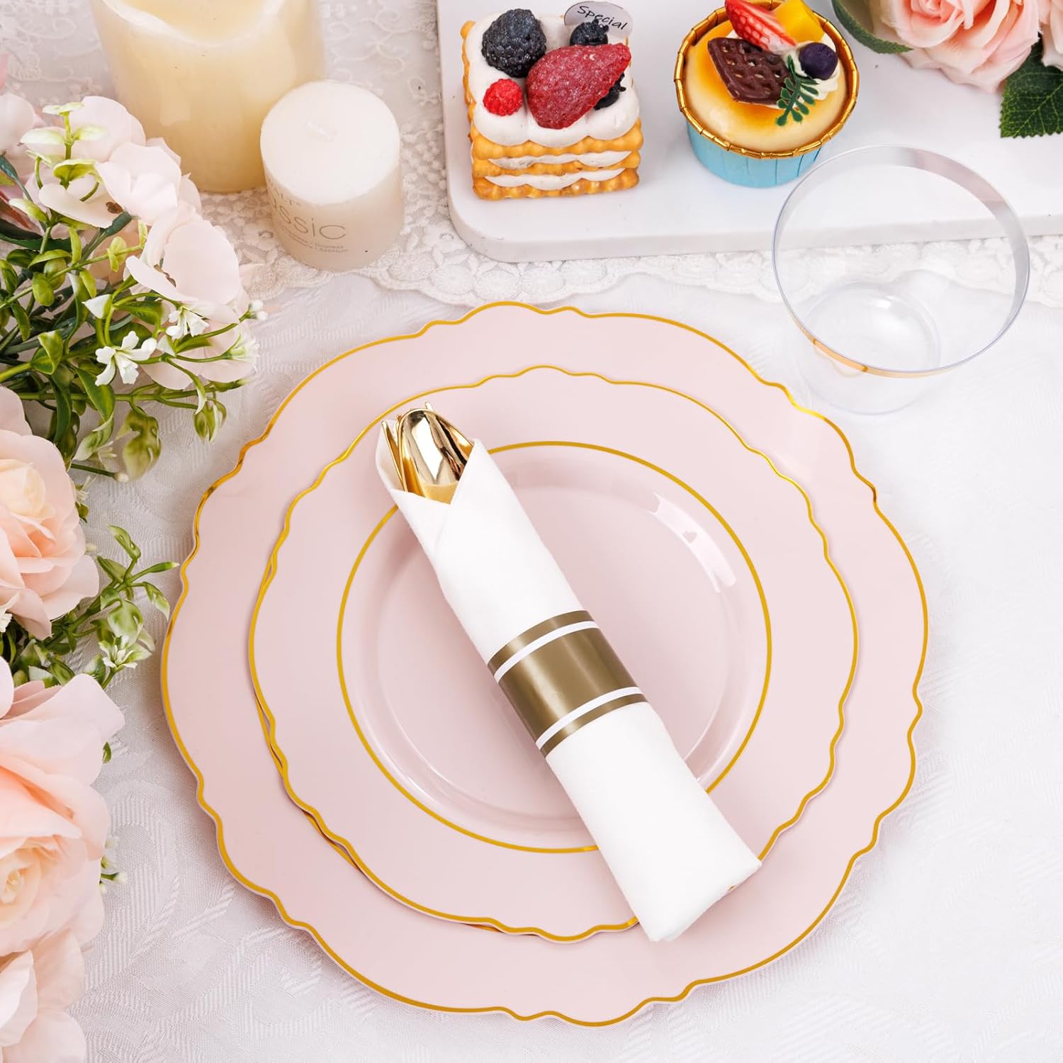 Liacere 350PCS Pink Plates with Gold Border for 50 Guests