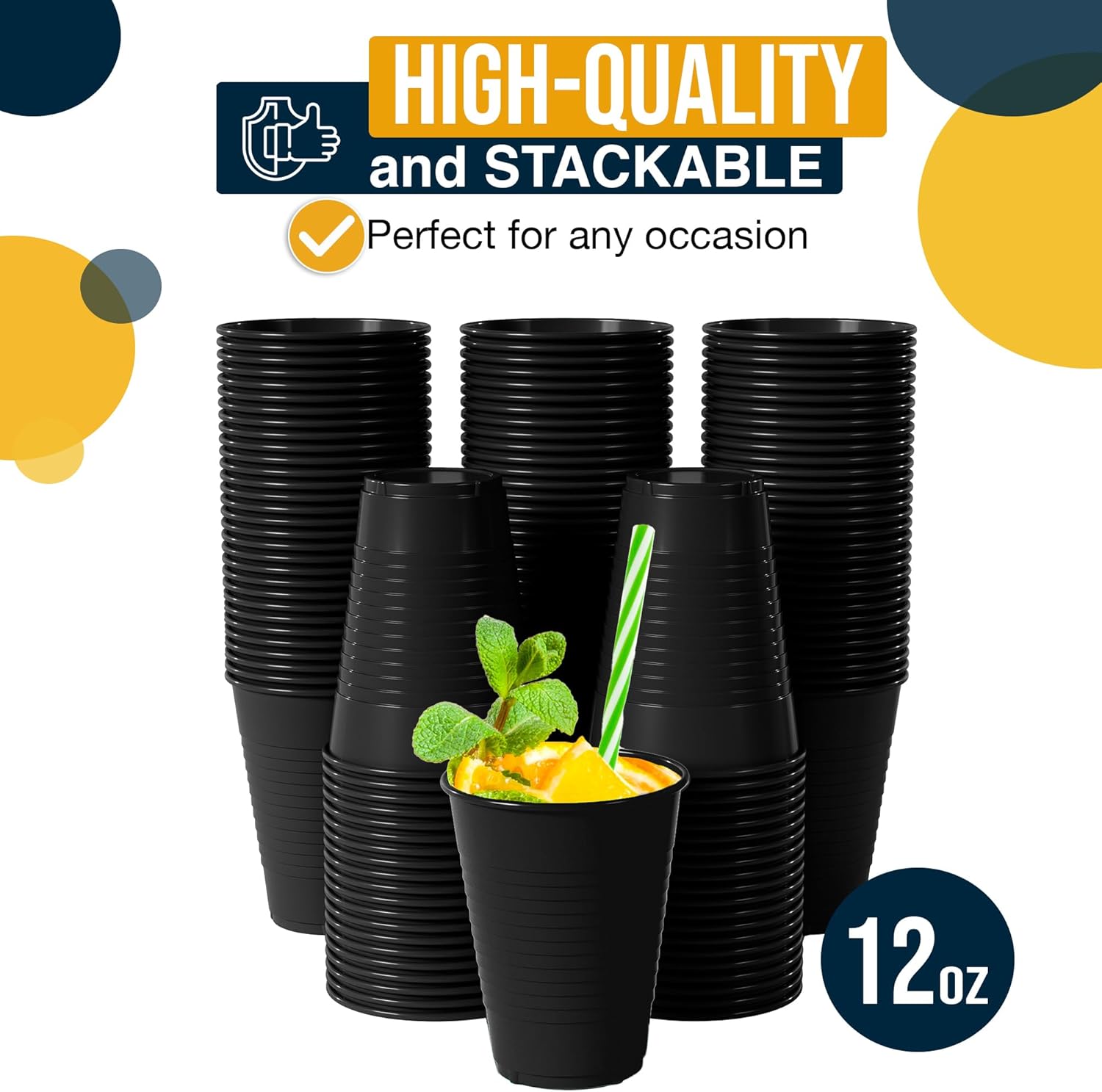 Exquisite 12 Oz Black Plastic Cups 50 Pack