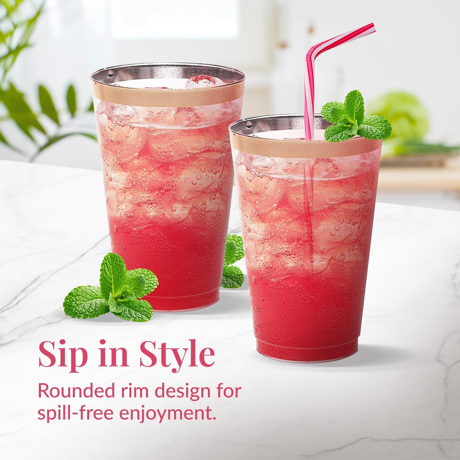 50 Pack Disposable Plastic Cups with Rose Gold Rim