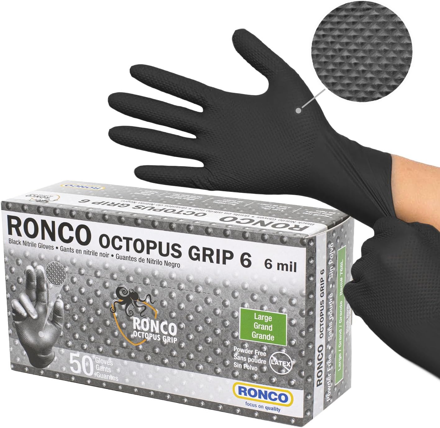 Black Nitrile Gloves with Diamond Texture and Octopus Grip