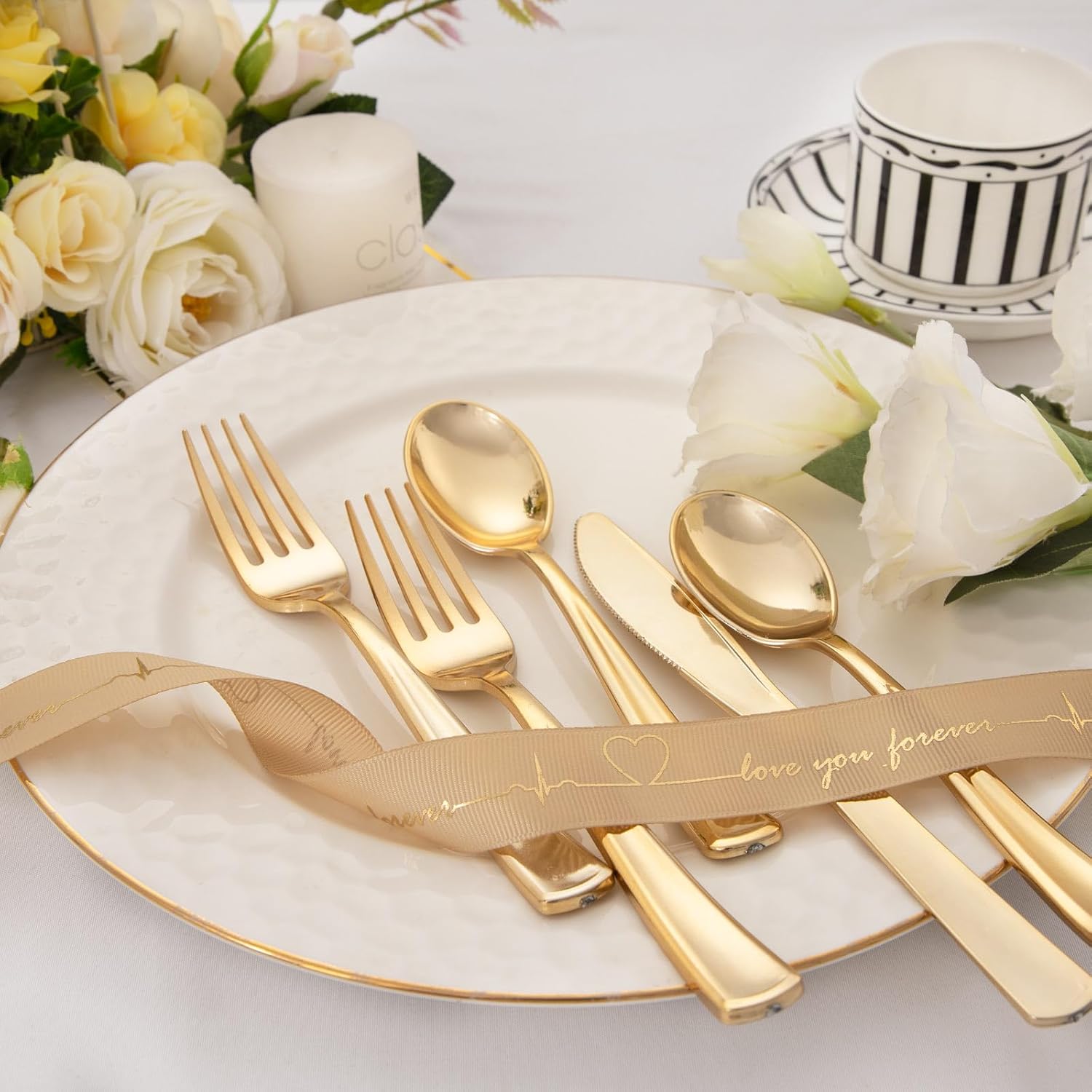 WDF 500PCS Gold Plastic Cutlery Set - Forks Spoons Knives for Events