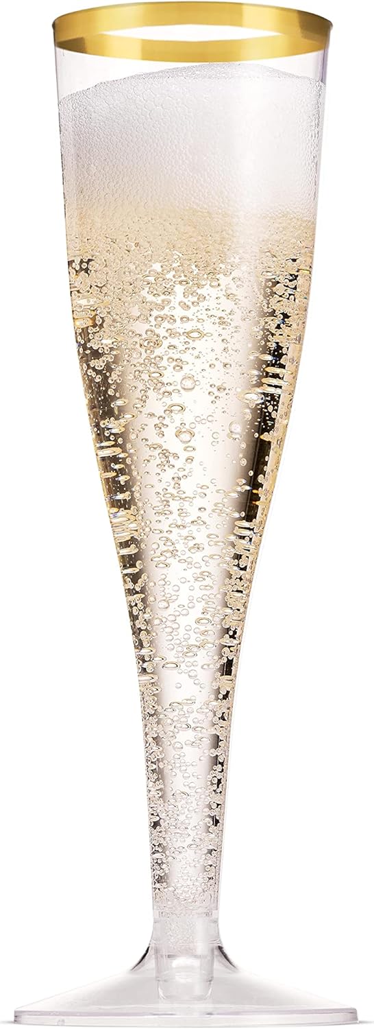 Munfix 50 Pack Gold Rimmed Plastic Champagne Flutes 5 Oz