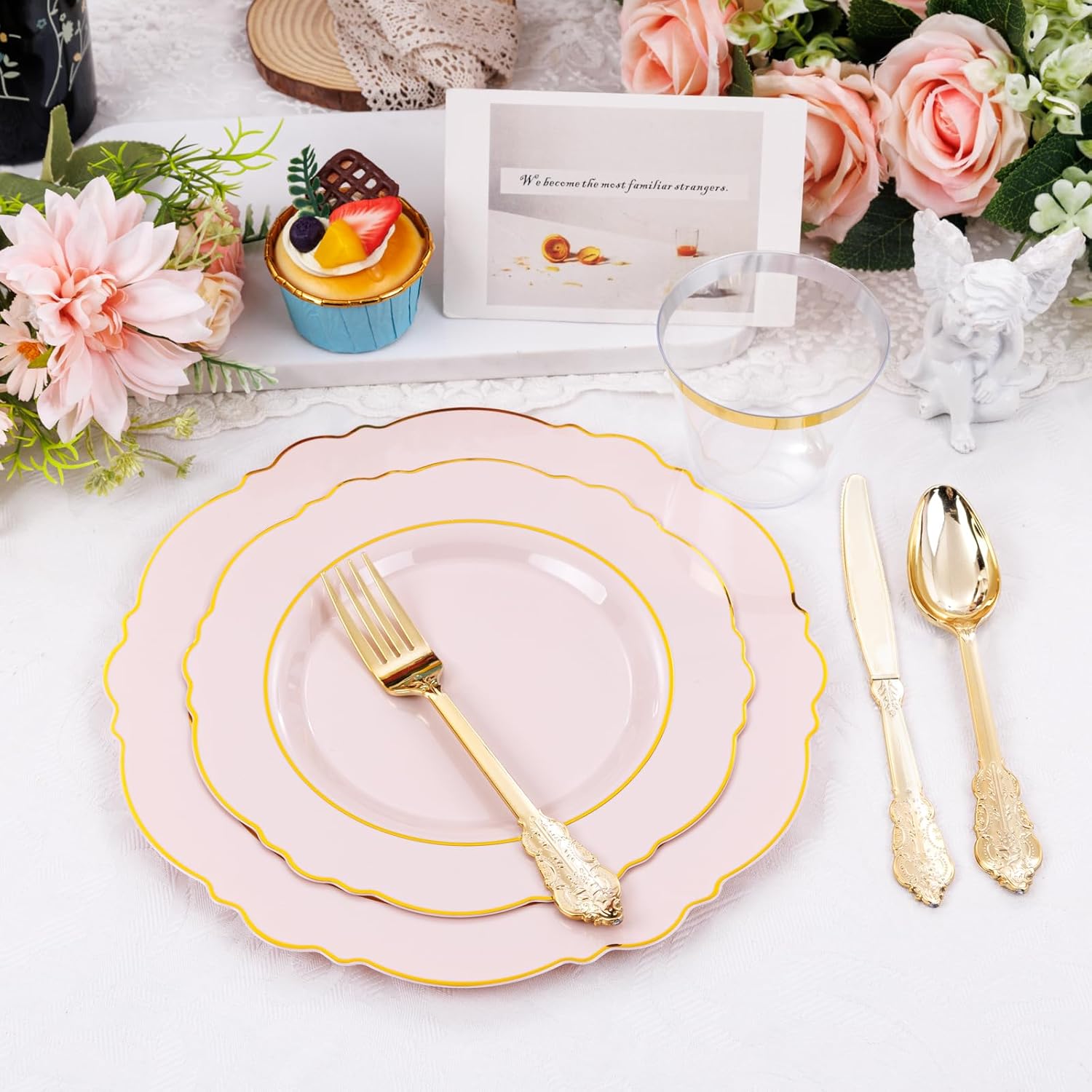 Liacere 350PCS Pink Plates with Gold Border for 50 Guests