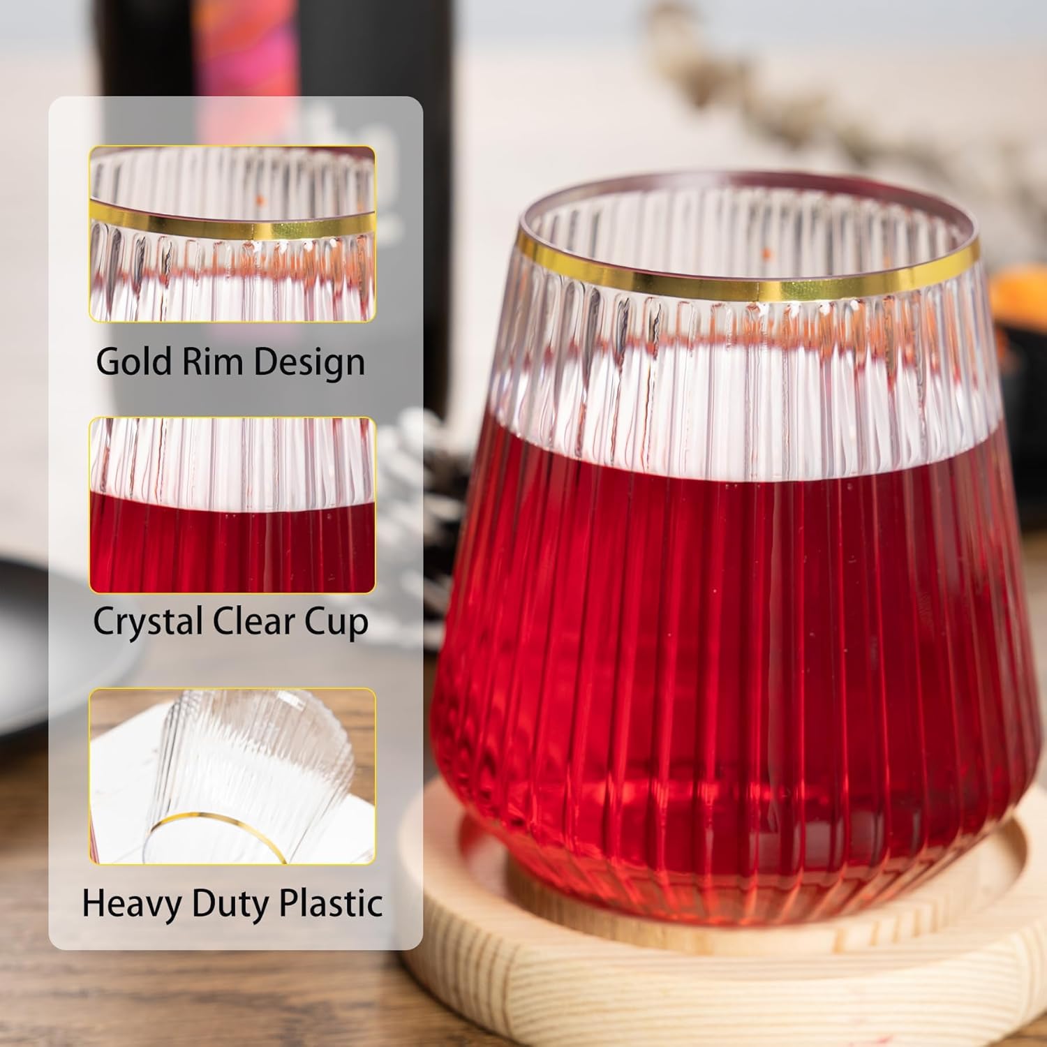 N9R 24 Pack Clear Plastic Wine Cups with Gold Rim