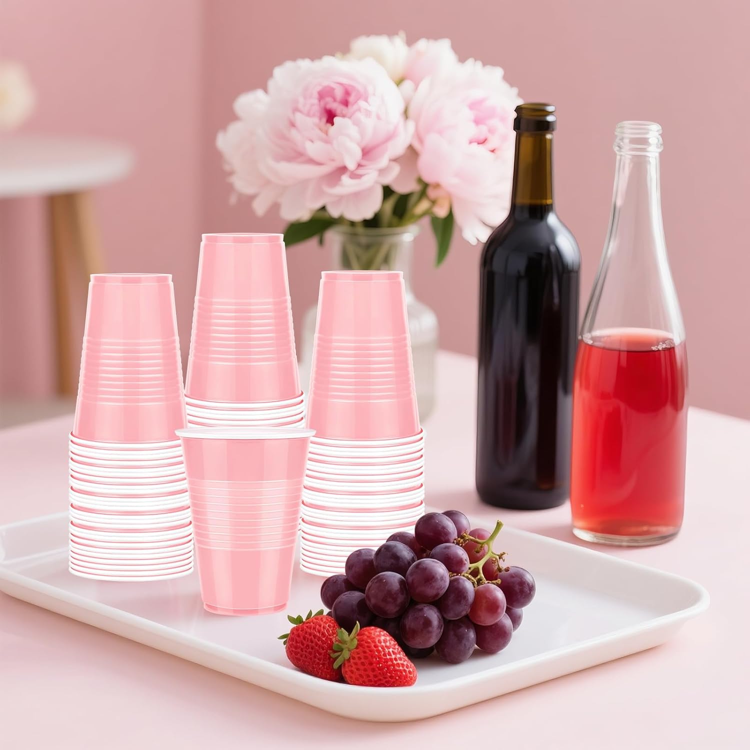 50 Pack Pink Plastic Cups 12 Ounce Disposable Party Cups