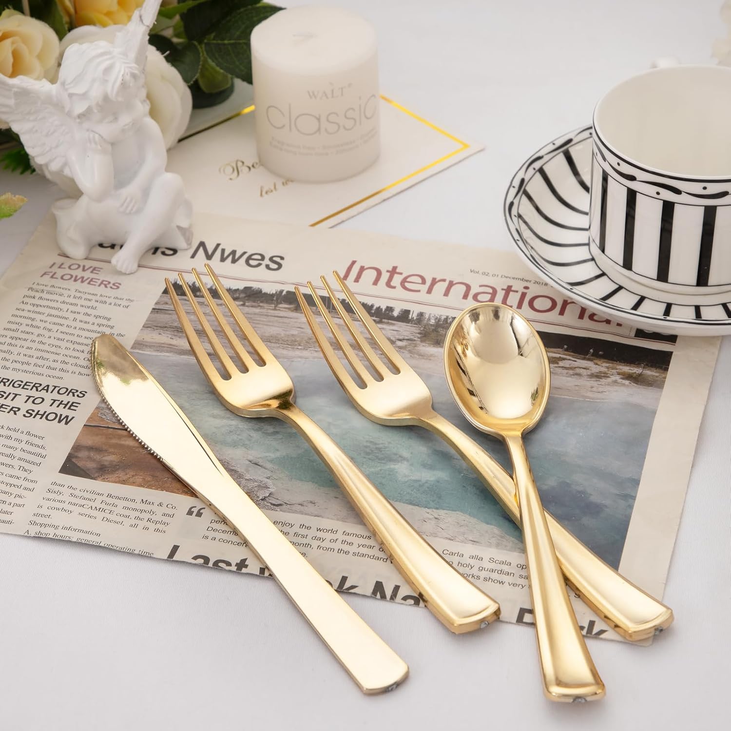 WDF 500PCS Gold Plastic Cutlery Set - Forks Spoons Knives for Events
