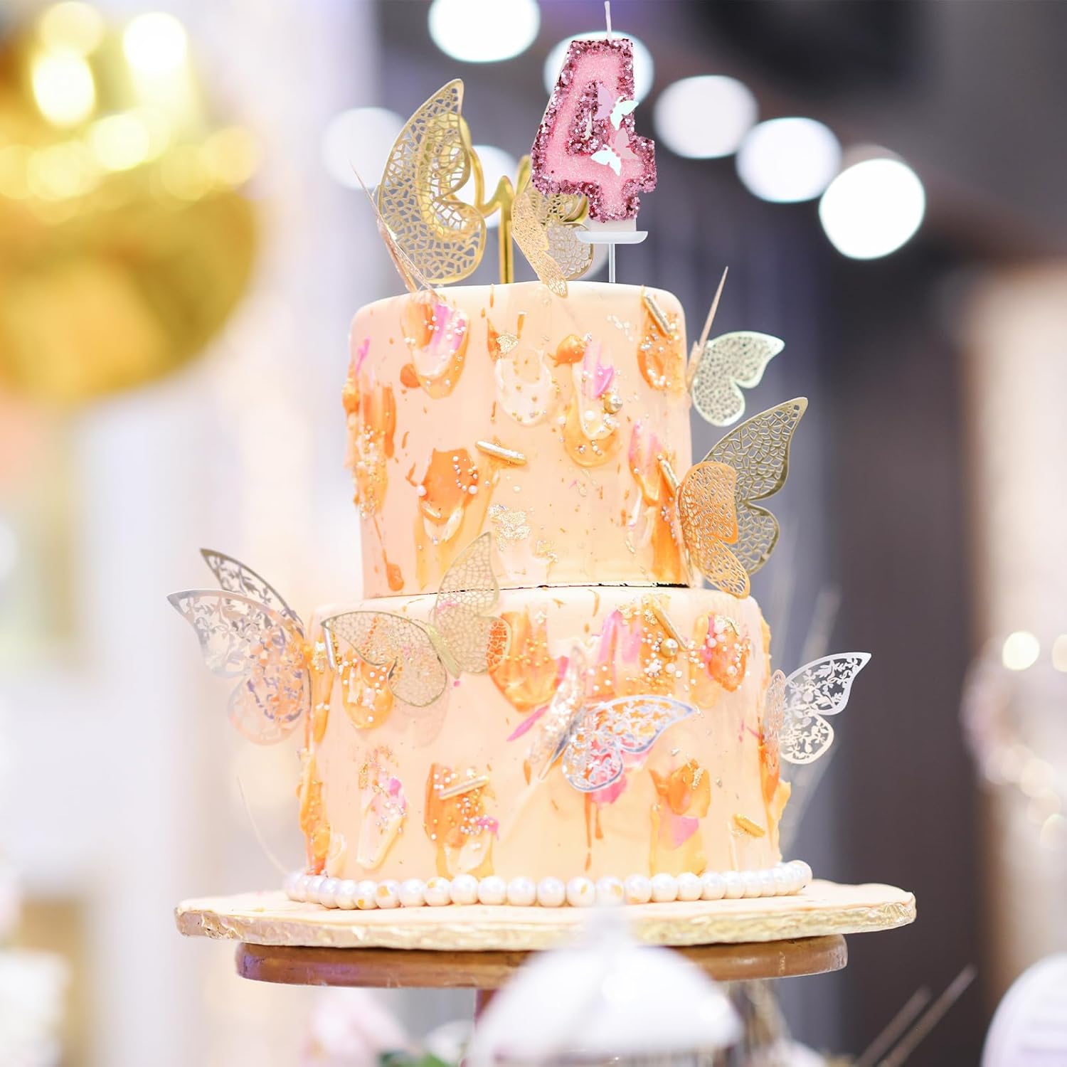 SAVITA 27 Inch Pink Number Candles with Butterfly Sequins - Number 4