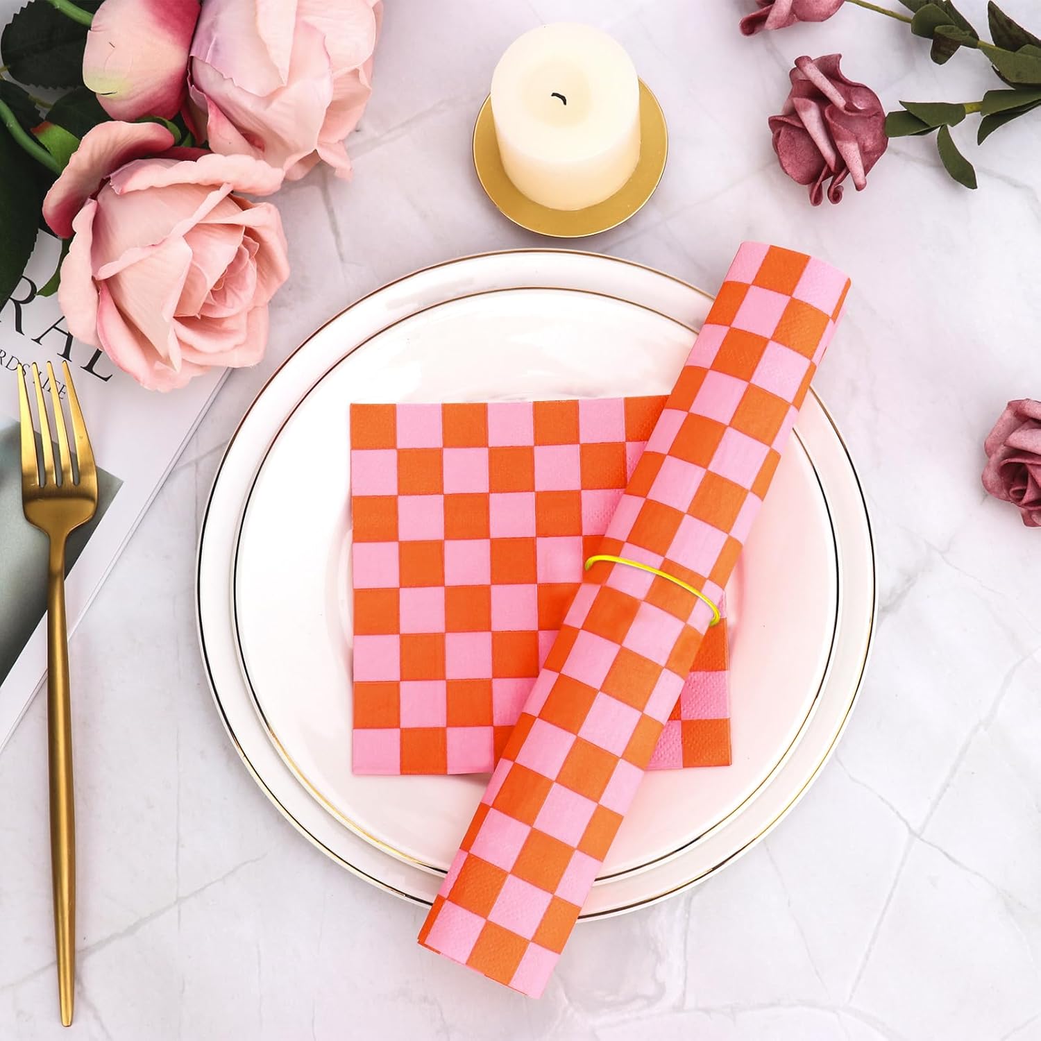 100 Pcs Plaid Paper Napkins Pink Orange Party Use