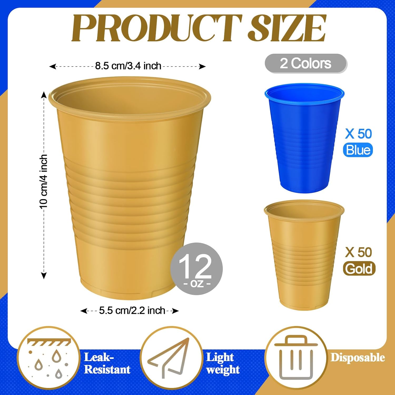 100 Pcs 12 oz Blue and Gold Disposable Cups for Parties