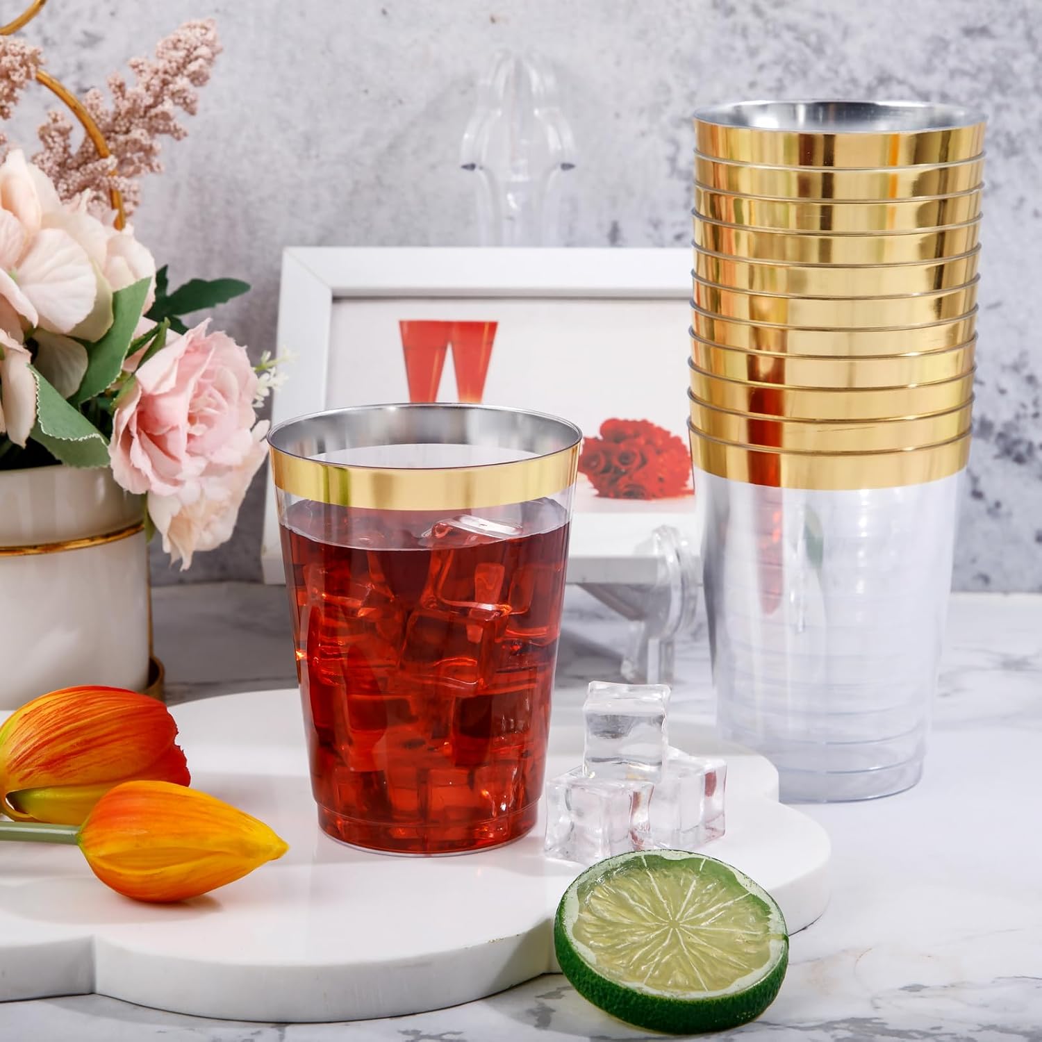 DaYammi 200 Pack 10 Oz Gold Rimmed Plastic Cups for Parties