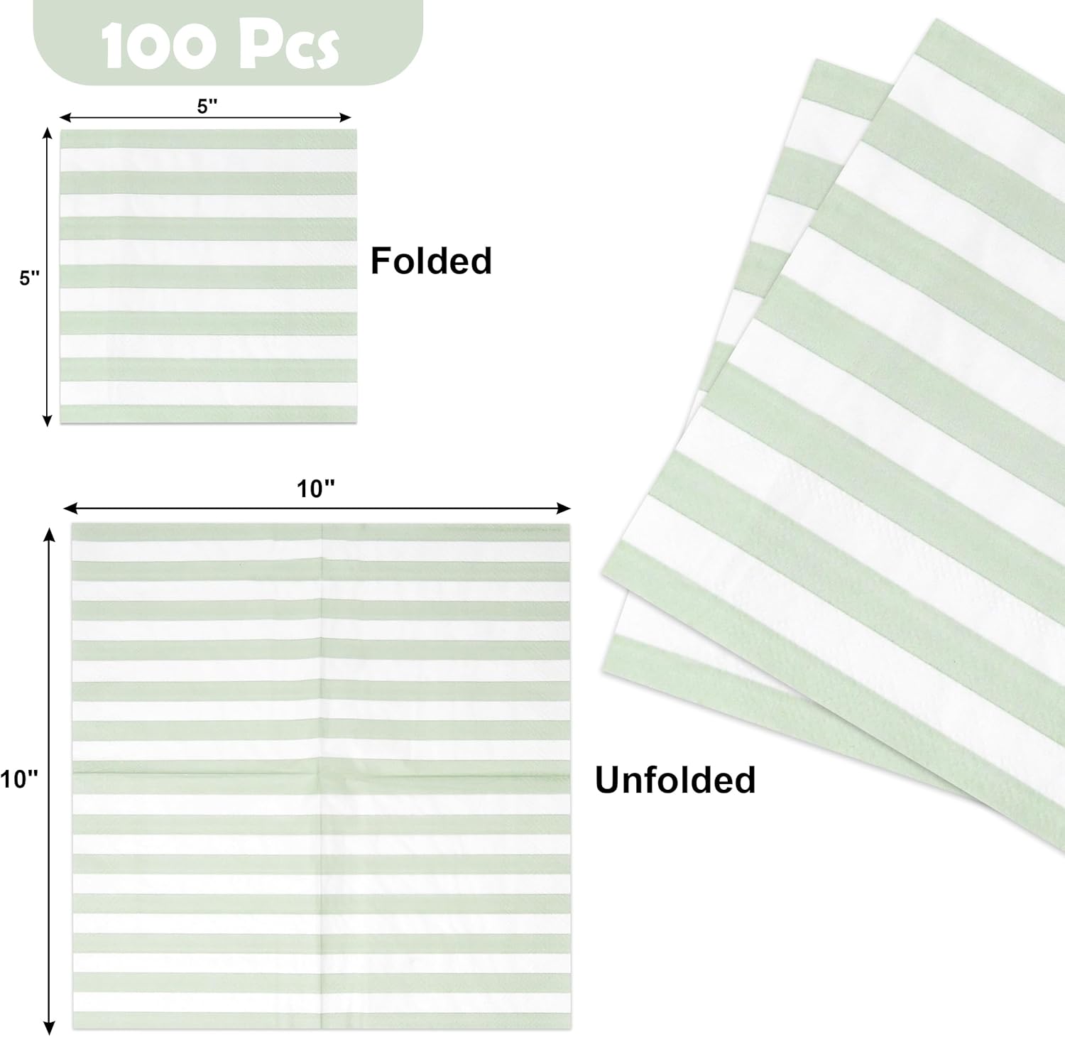 100 Pcs Sage Green White Stripe Cocktail Napkins for Party Supplies