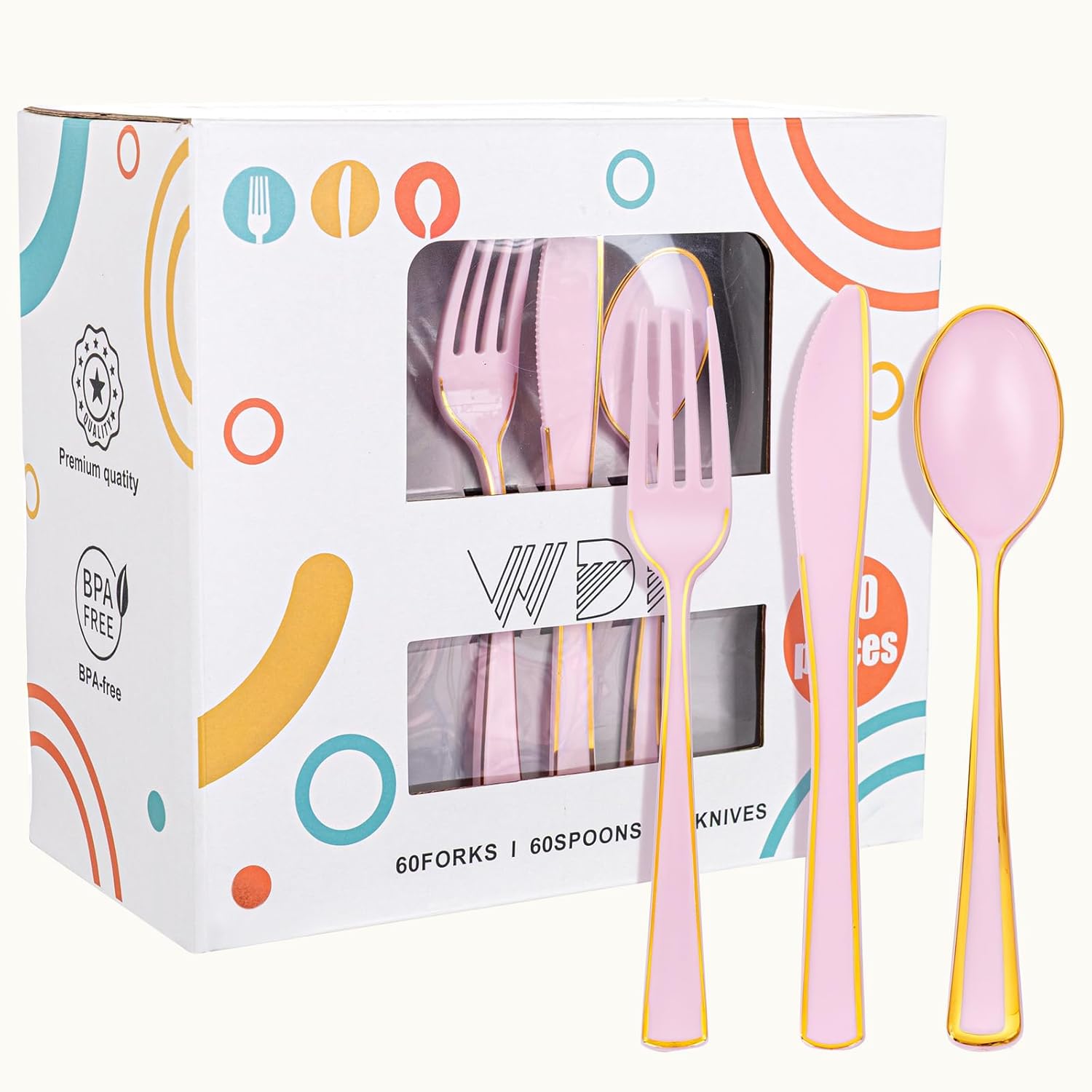180 Piece Pink Plastic Silverware Set with Gold