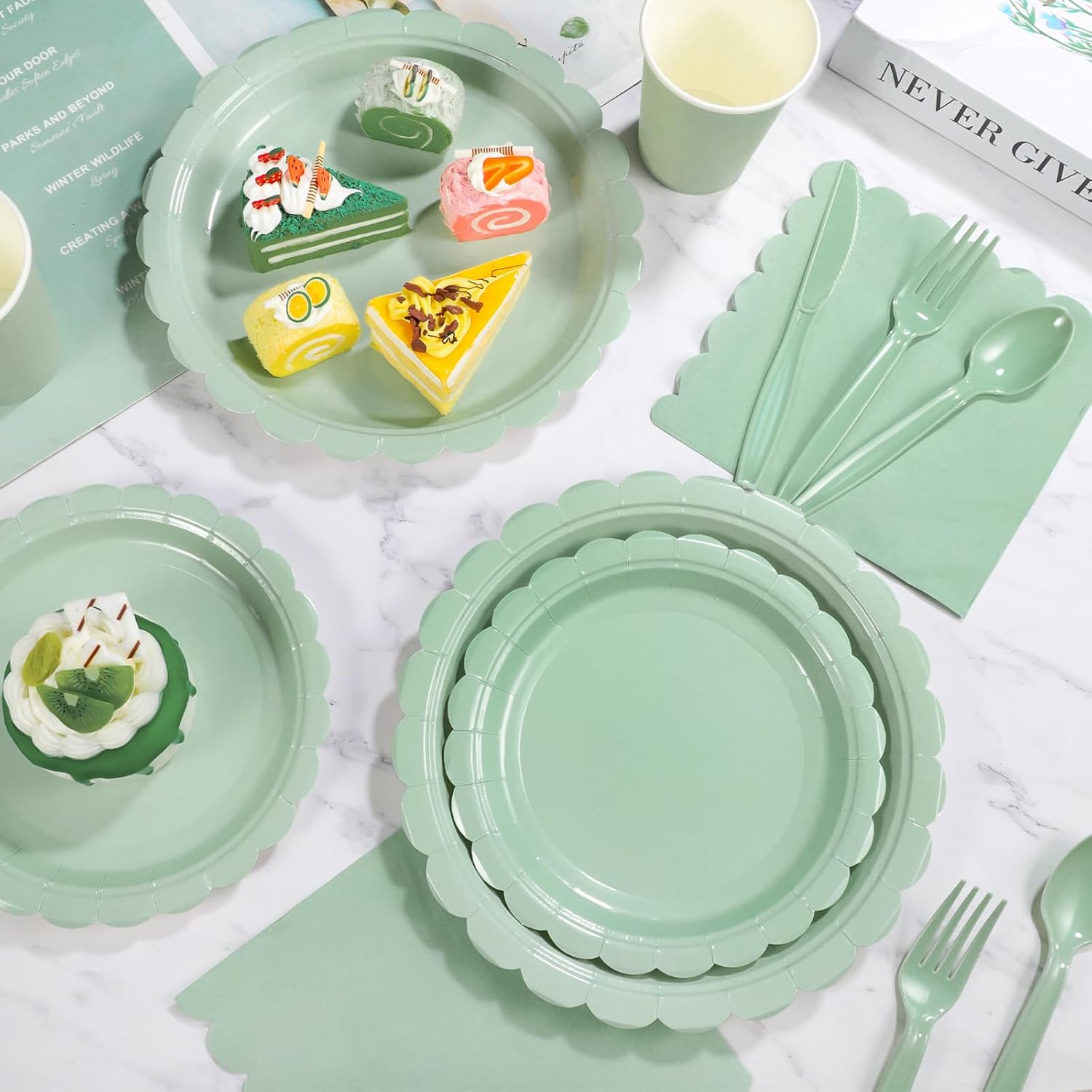 175 Pcs Sage Green Paper Plates and Napkins Set