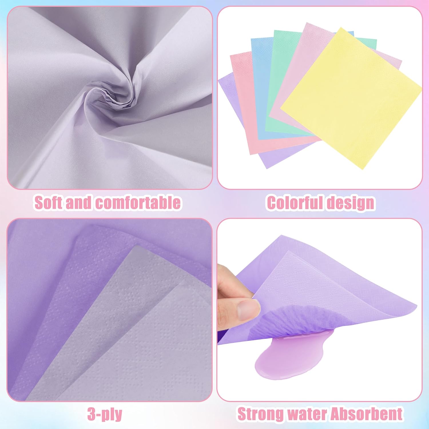 120 PCS Pastel Rainbow Party Napkins 3 Ply