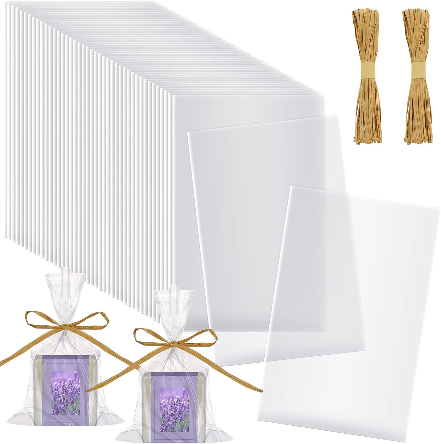 Tudomro 100 Pcs Clear Cellophane Soap Bags with Raffia Rope