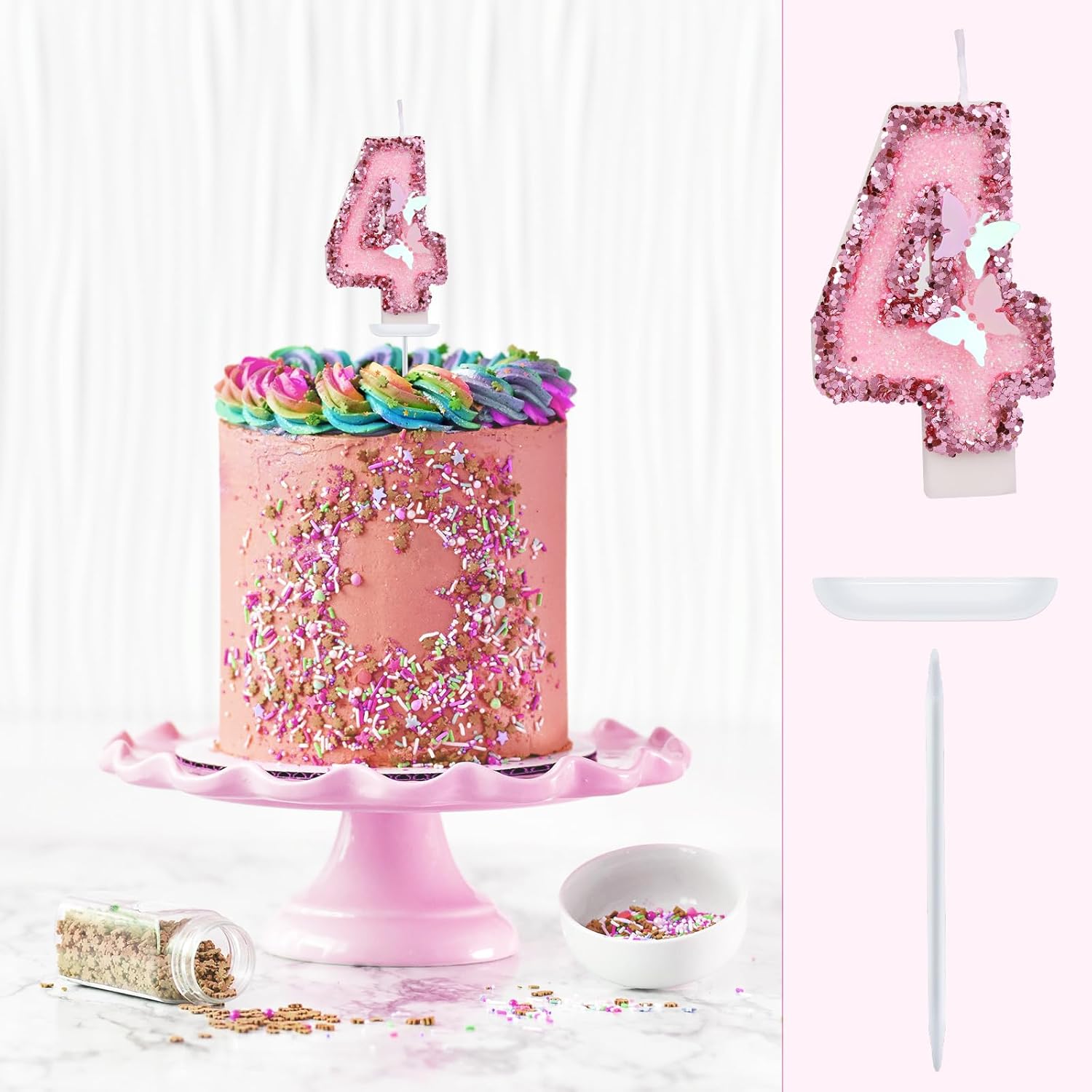 SAVITA 27 Inch Pink Number Candles with Butterfly Sequins - Number 4