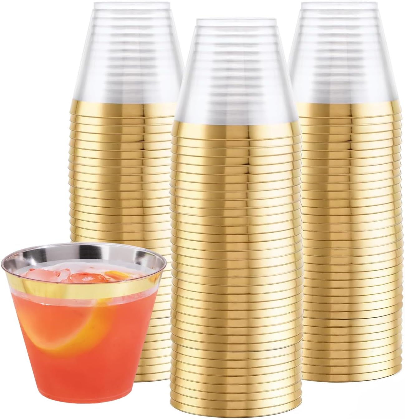 Prestee 100-Pack 9oz Gold Rimmed Plastic Cups