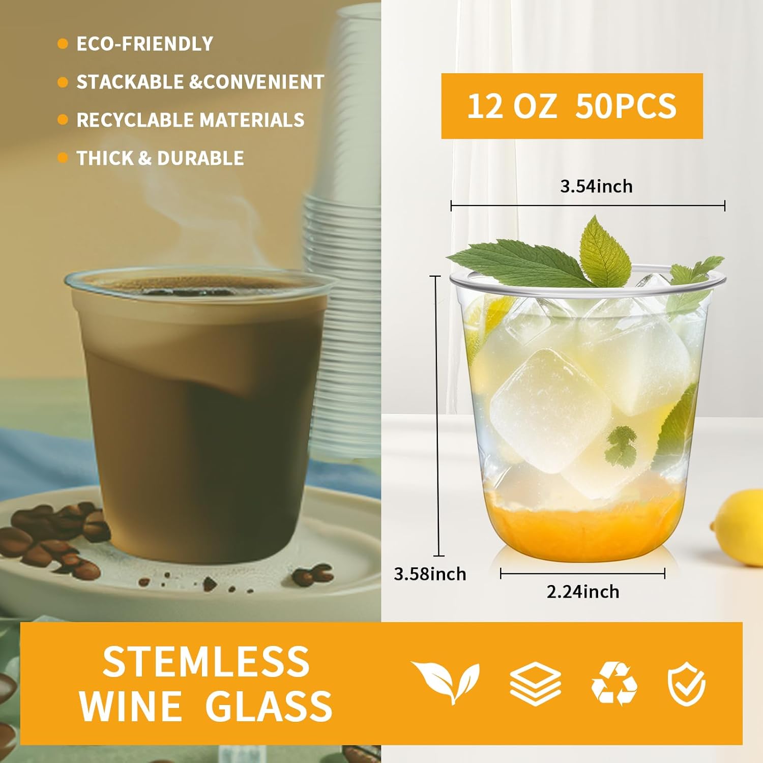 RMERVE 50 Pcs Clear 12oz Disposable Stemless Glasses