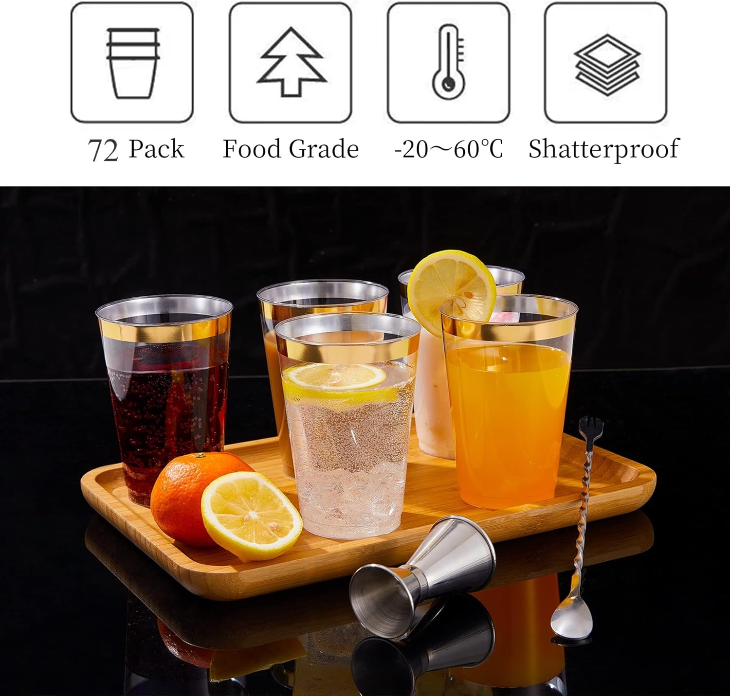 N9R 72PCS Gold Rim Clear Plastic Cups 12OZ