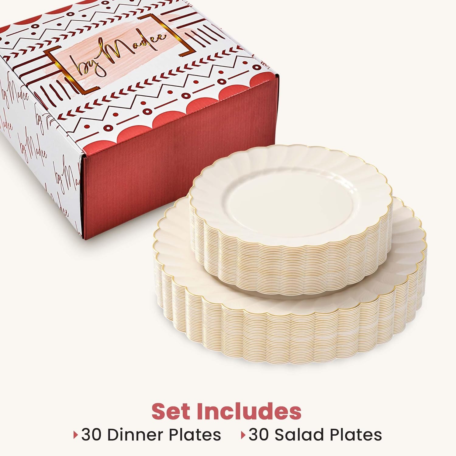 By Madee 60 Pc Ivory Scalloped Plates with Gold Trim