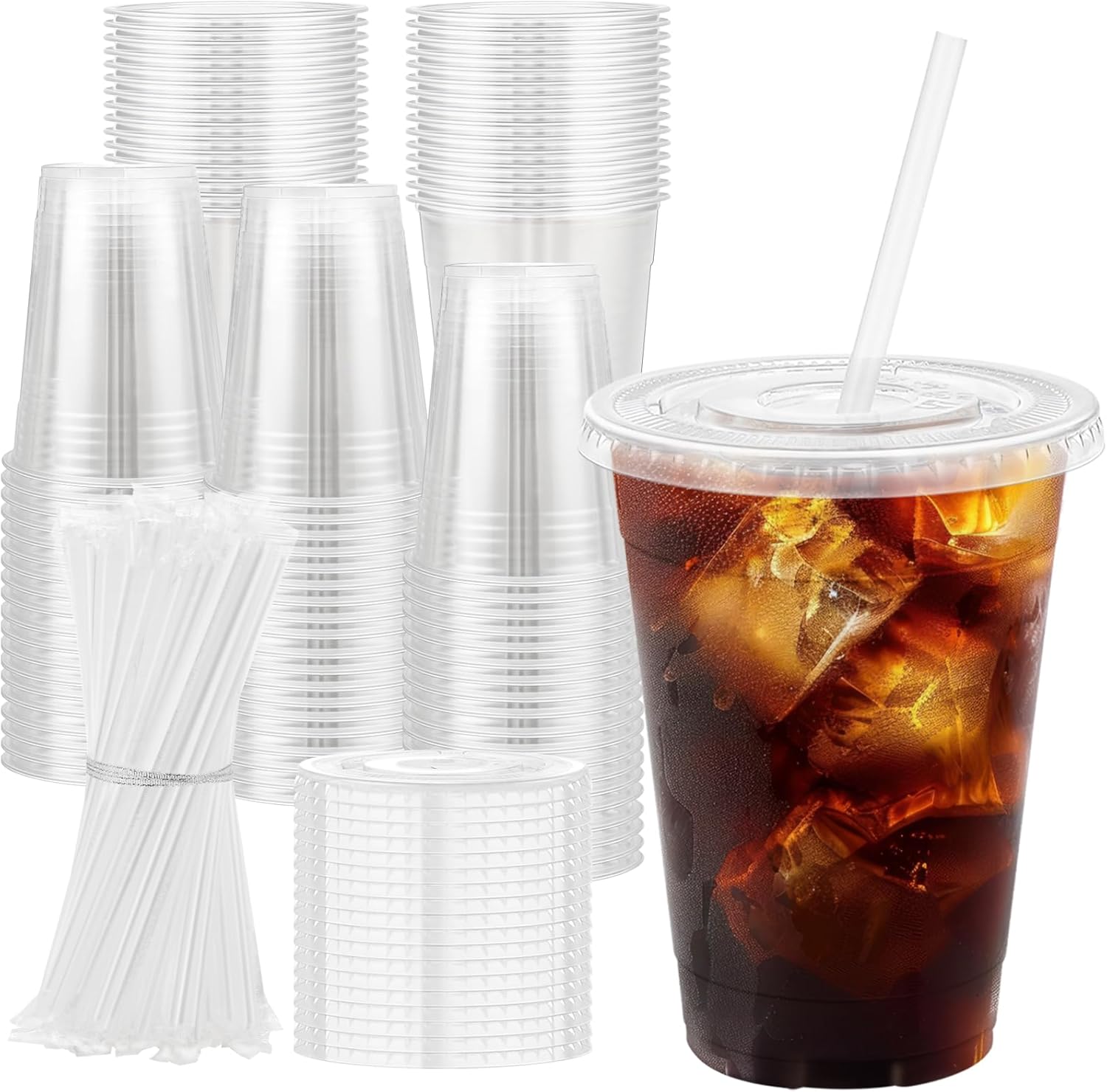 16 oz 100 Pack Plastic Cups with Lids and Straws