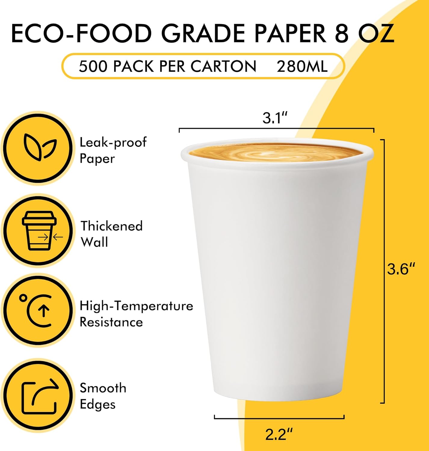 RACETOP 8 oz Disposable Coffee Cups 500 Pack