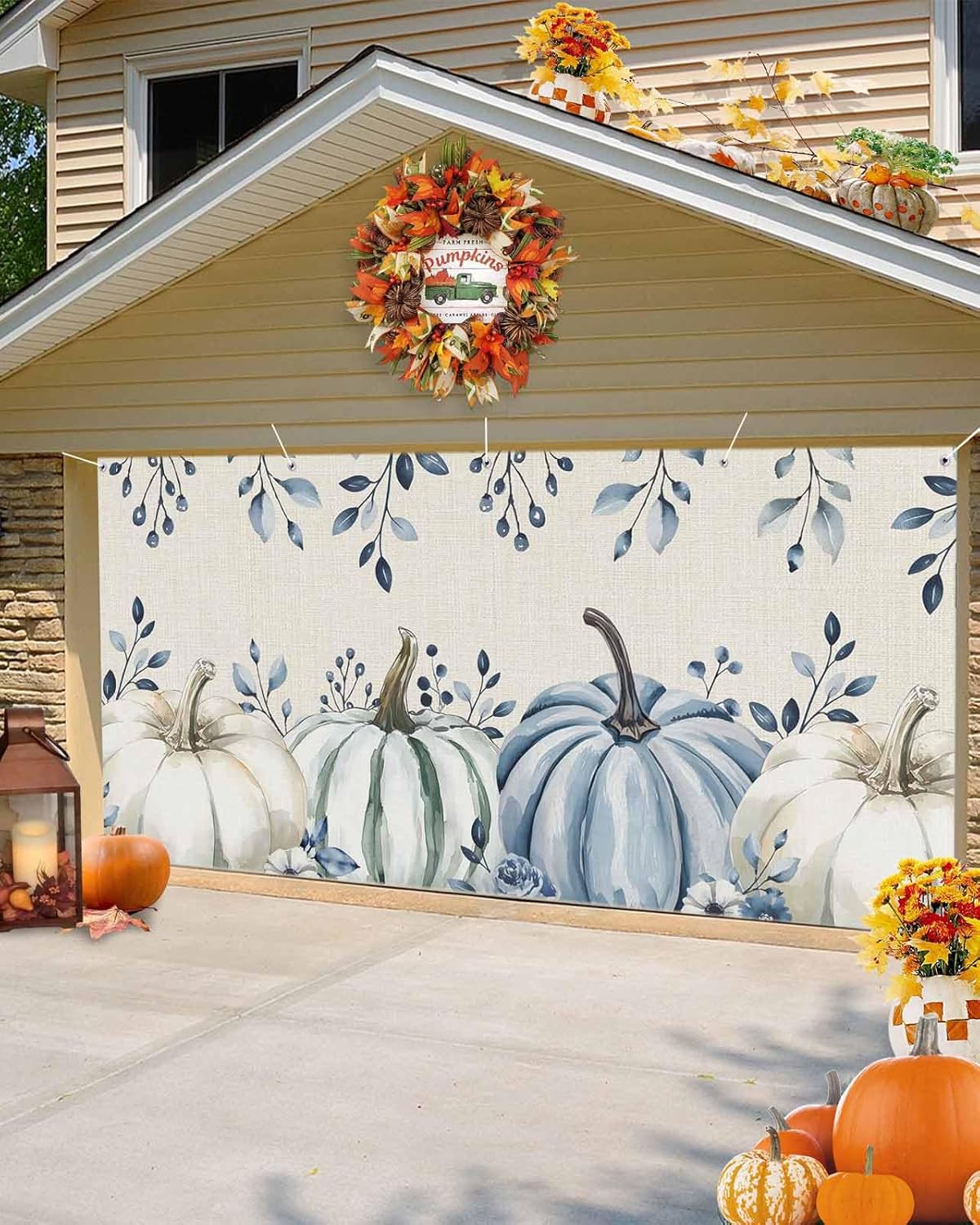 Fall Garage Door Banner 7x8 ft Blue Pumpkin Eucalyptus Leaf