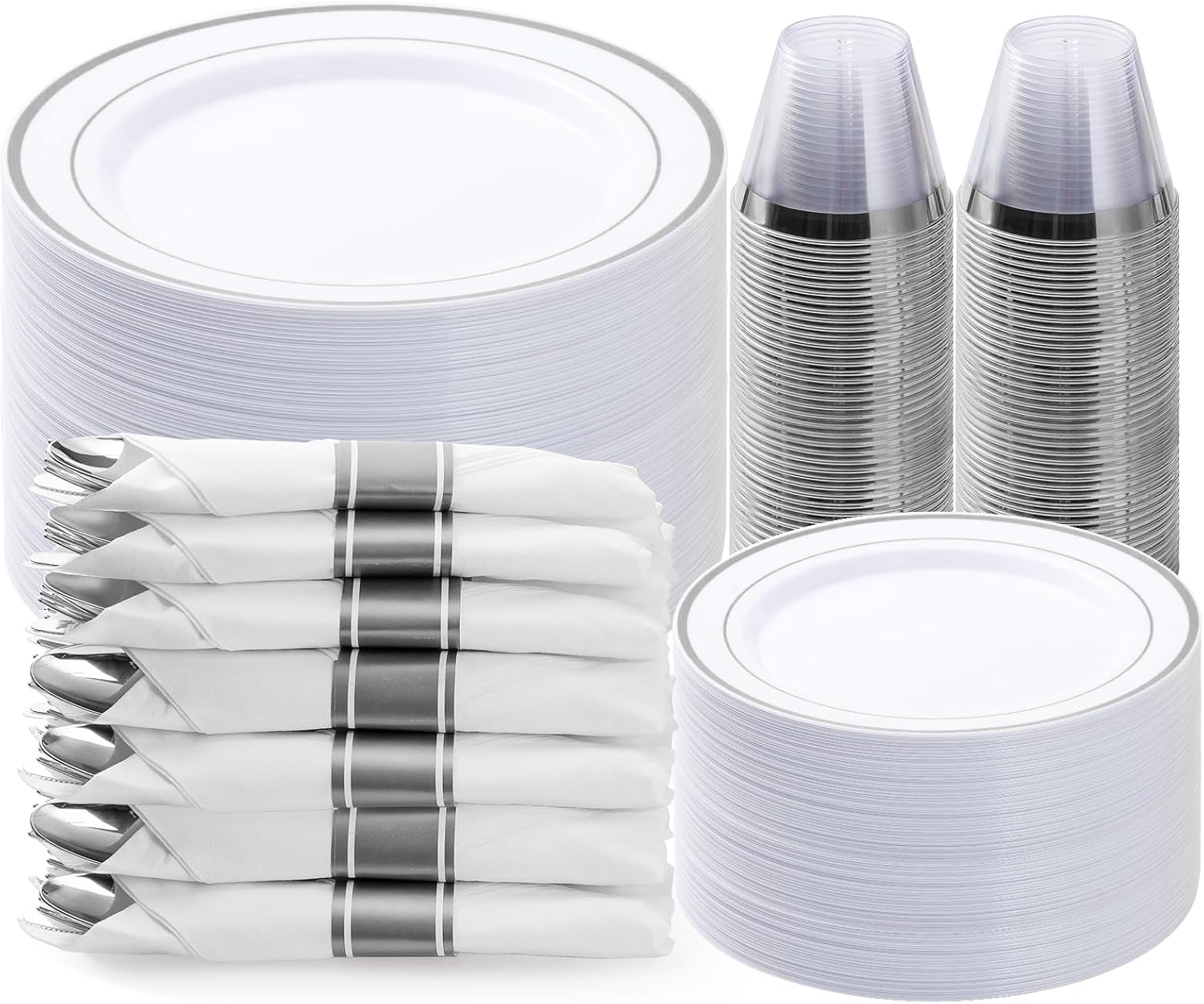 350PCS Silver Plastic Dinnerware Set for 50 Guests