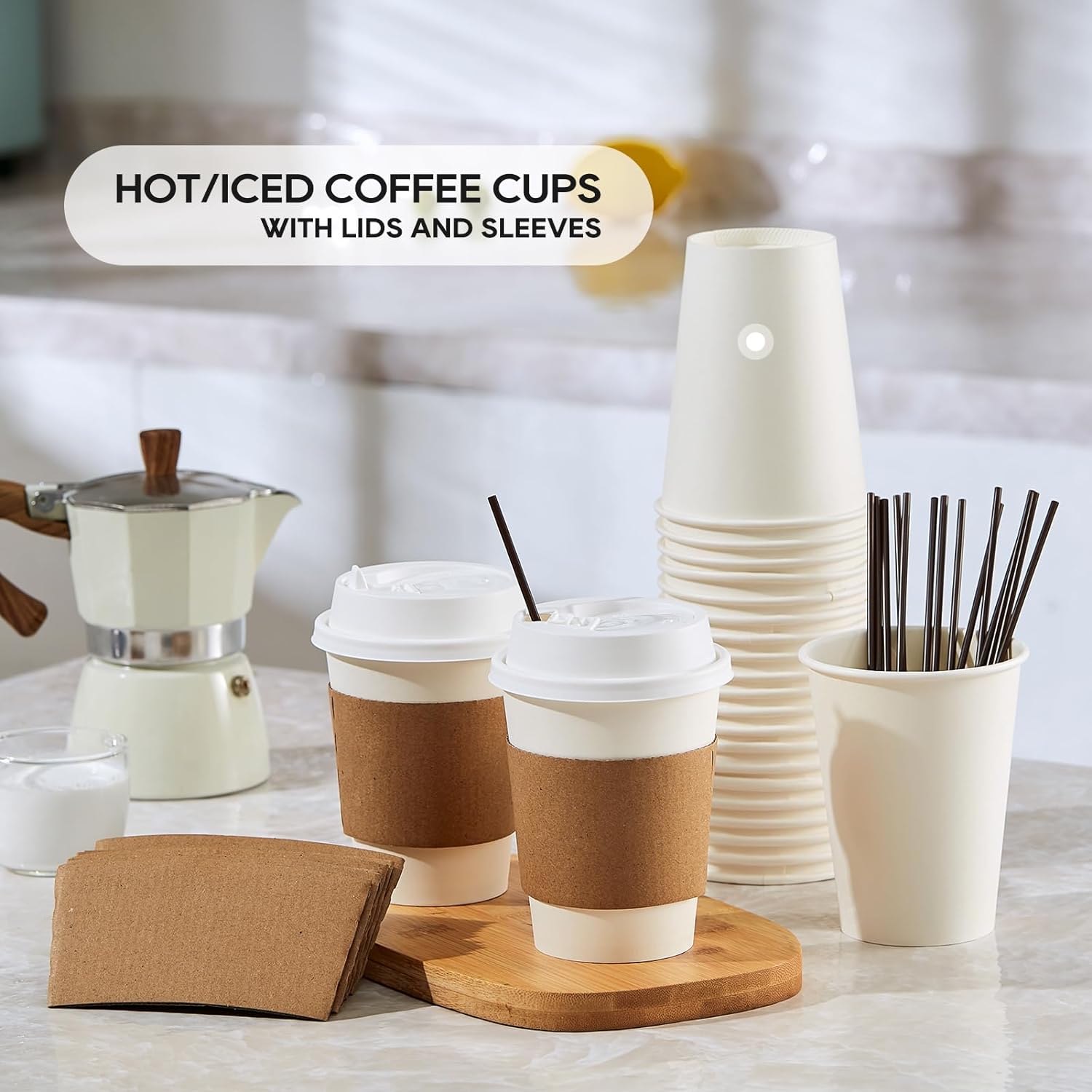 JOLLY PARTY 50 Pack 12 oz Paper Coffee Cups with Lids and Stirrers