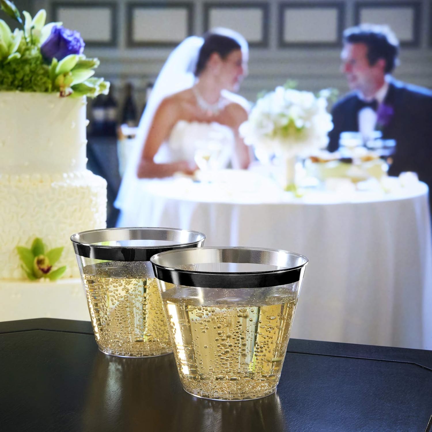 100 Black Rimmed Plastic Cups with Silver Ice Tongs Set