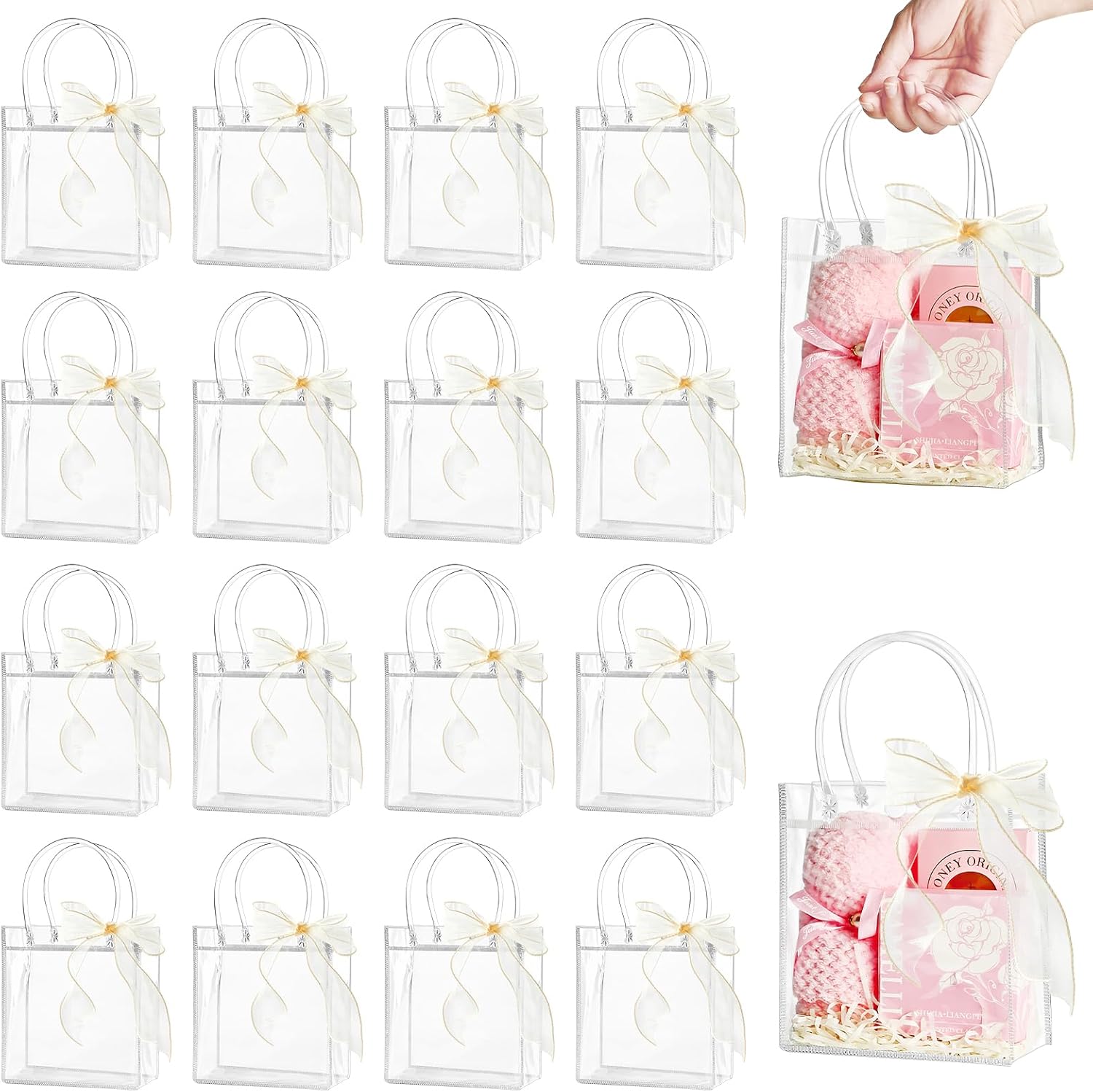 Ohuimrt 30 PC Clear Gift Bags with Handles and Ribbon