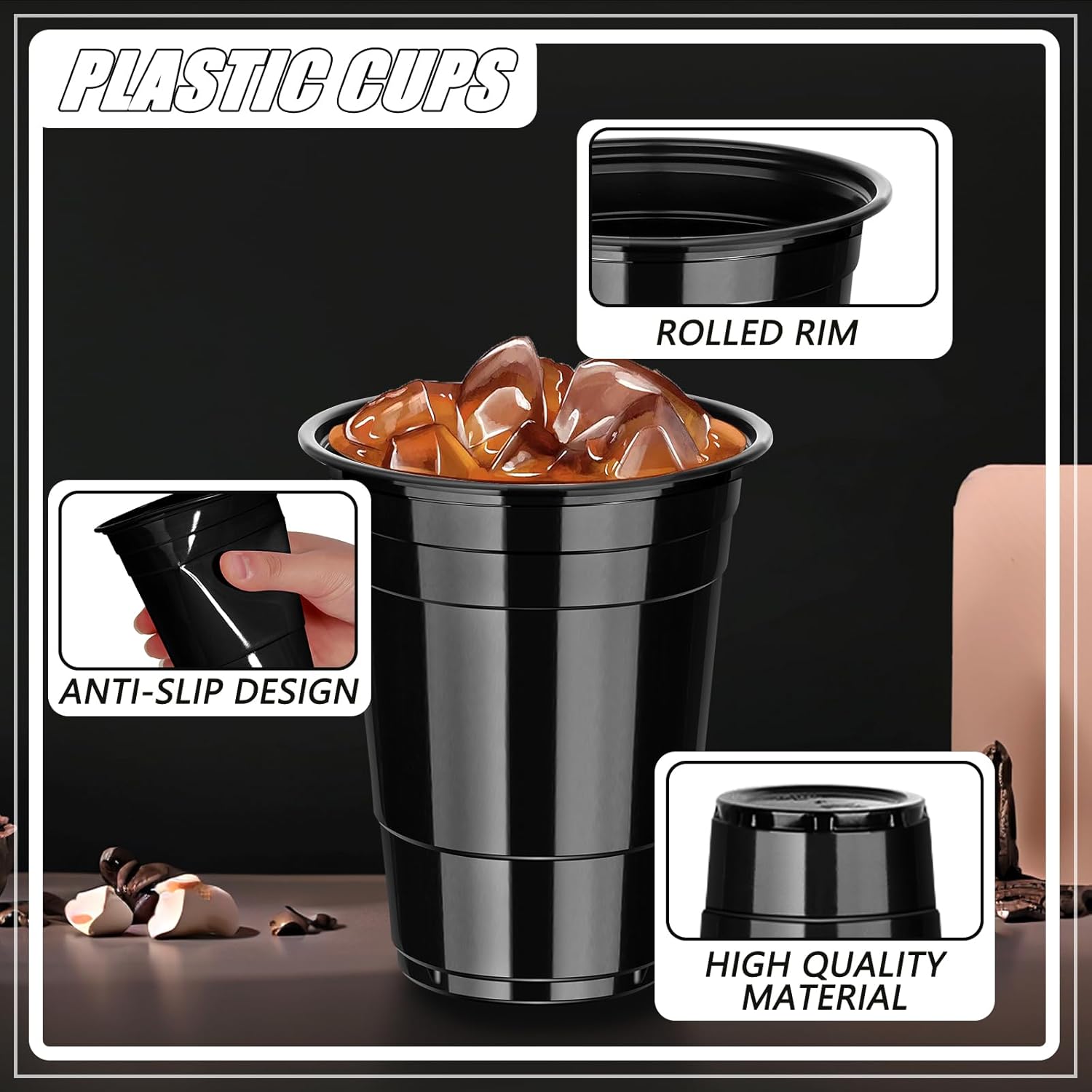 Dualshine 100 Pack Black 16 oz Plastic Cups for Parties