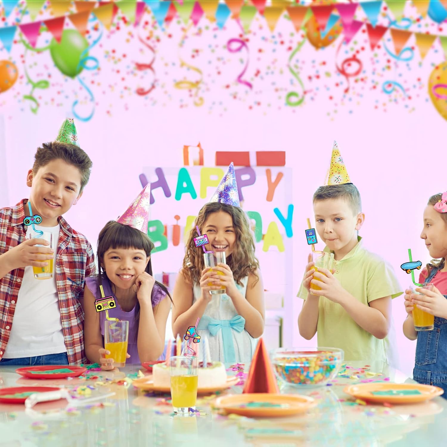 24 Retro 90s Party Straws with Cleaning Brush