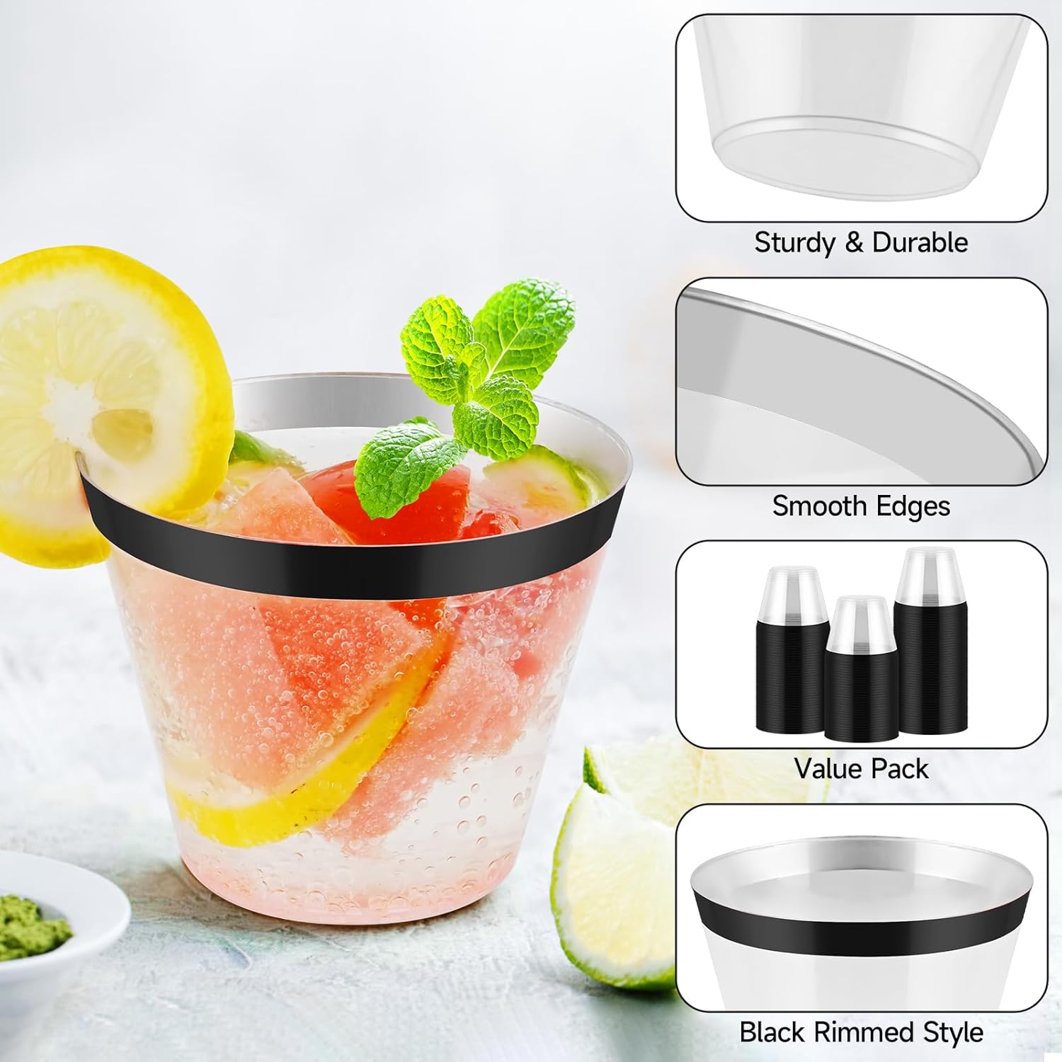 100pcs 9oz Elegant Black Rimmed Plastic Cups