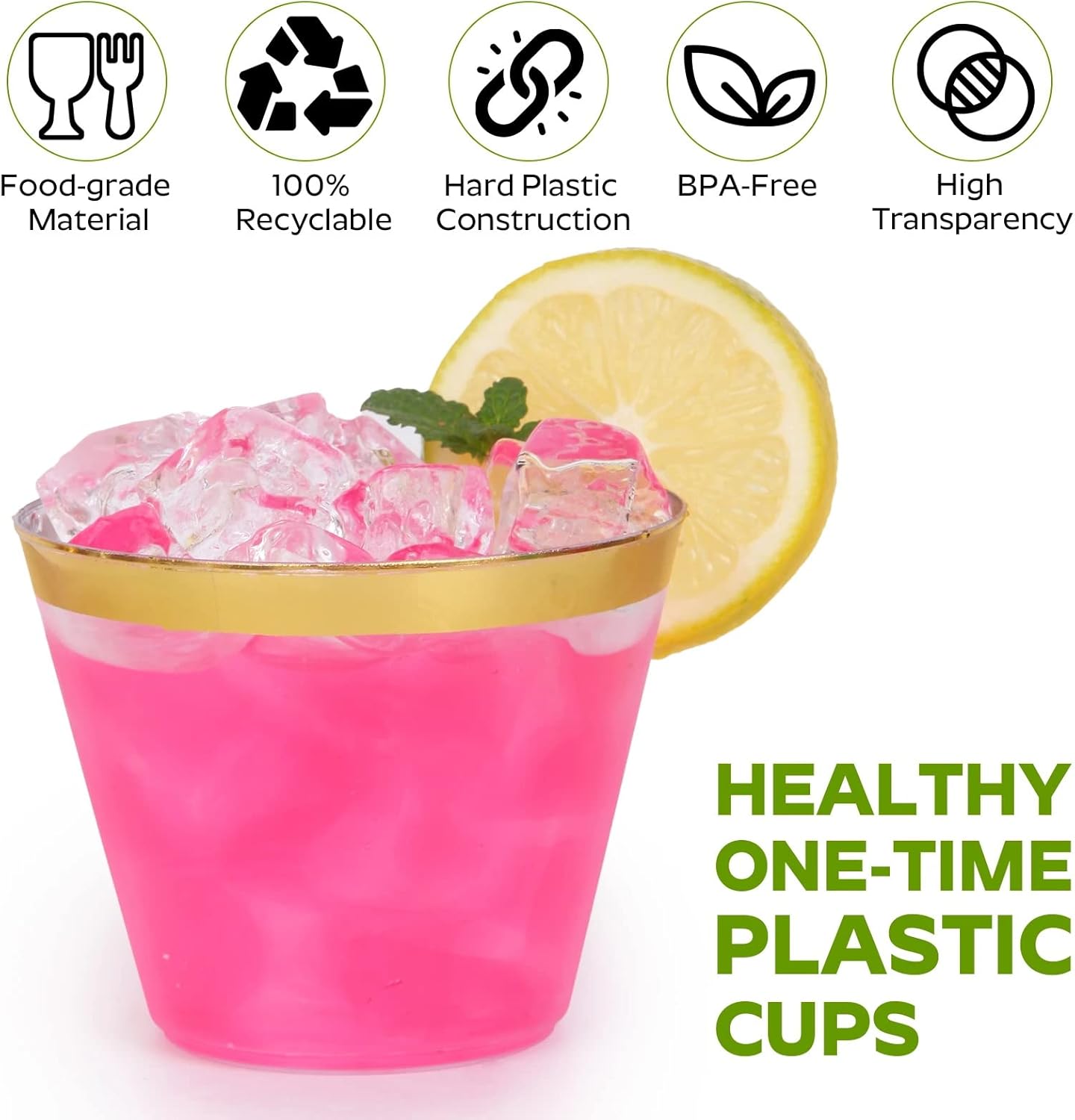 Tobvory 100 Pack Gold Rimmed Plastic Cups 9 oz