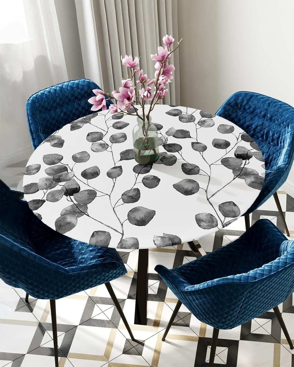 Grey Leaves Round Waterproof Table Cover Fitted Tablecloth