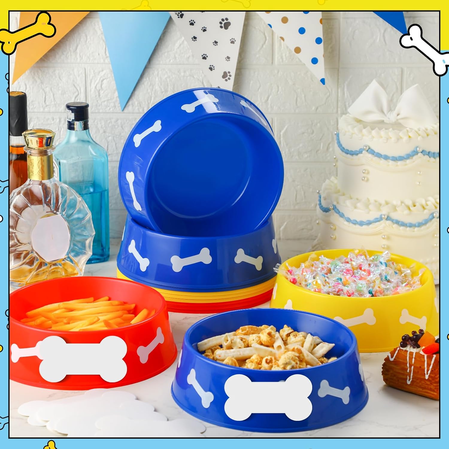 12 Piece Dog Paw Plastic Bowls Birthday Party Supplies Blue Yellow Red