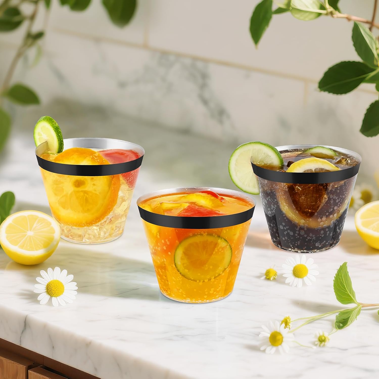 100pcs 9oz Elegant Black Rimmed Plastic Cups