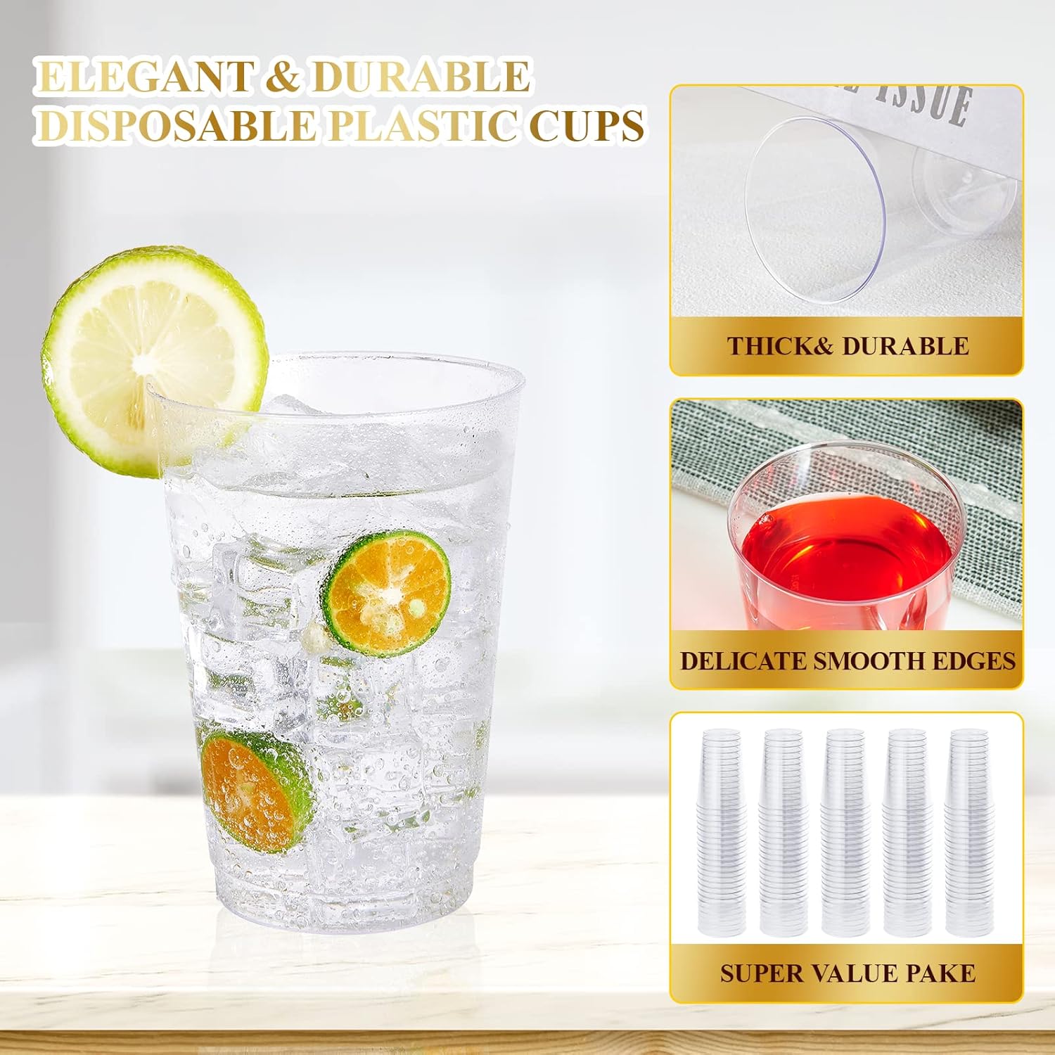 Vplus 150 Pack 12 OZ Reusable Clear Plastic Cups for Parties