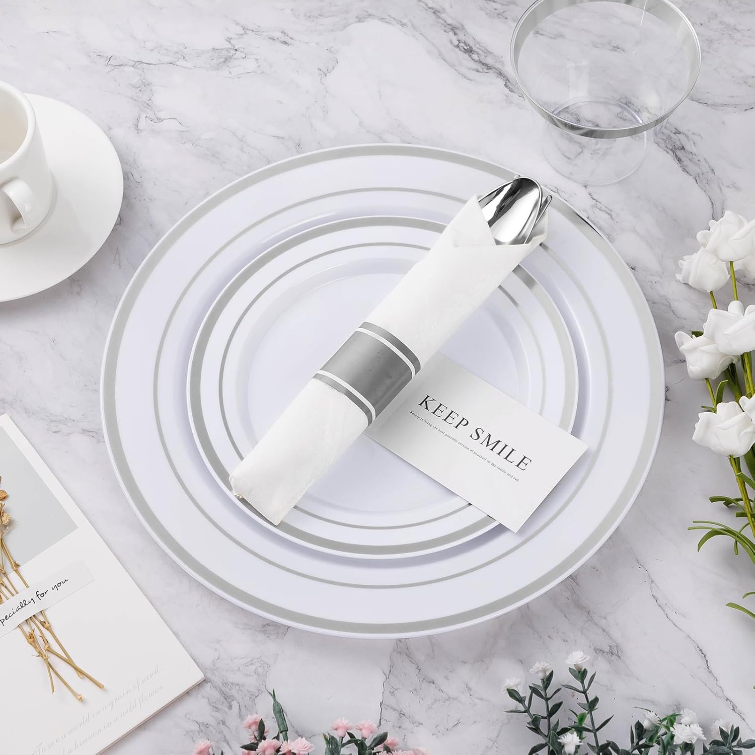 350PCS Silver Plastic Dinnerware Set for 50 Guests