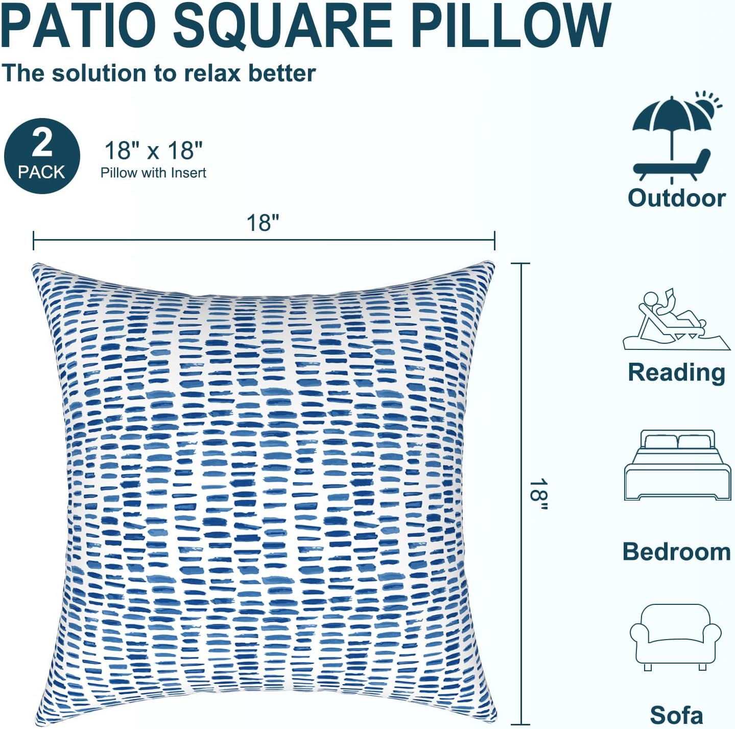 Pack of 2 Waterproof Patio Pillows with Inserts Pebble Blue 18x18 In