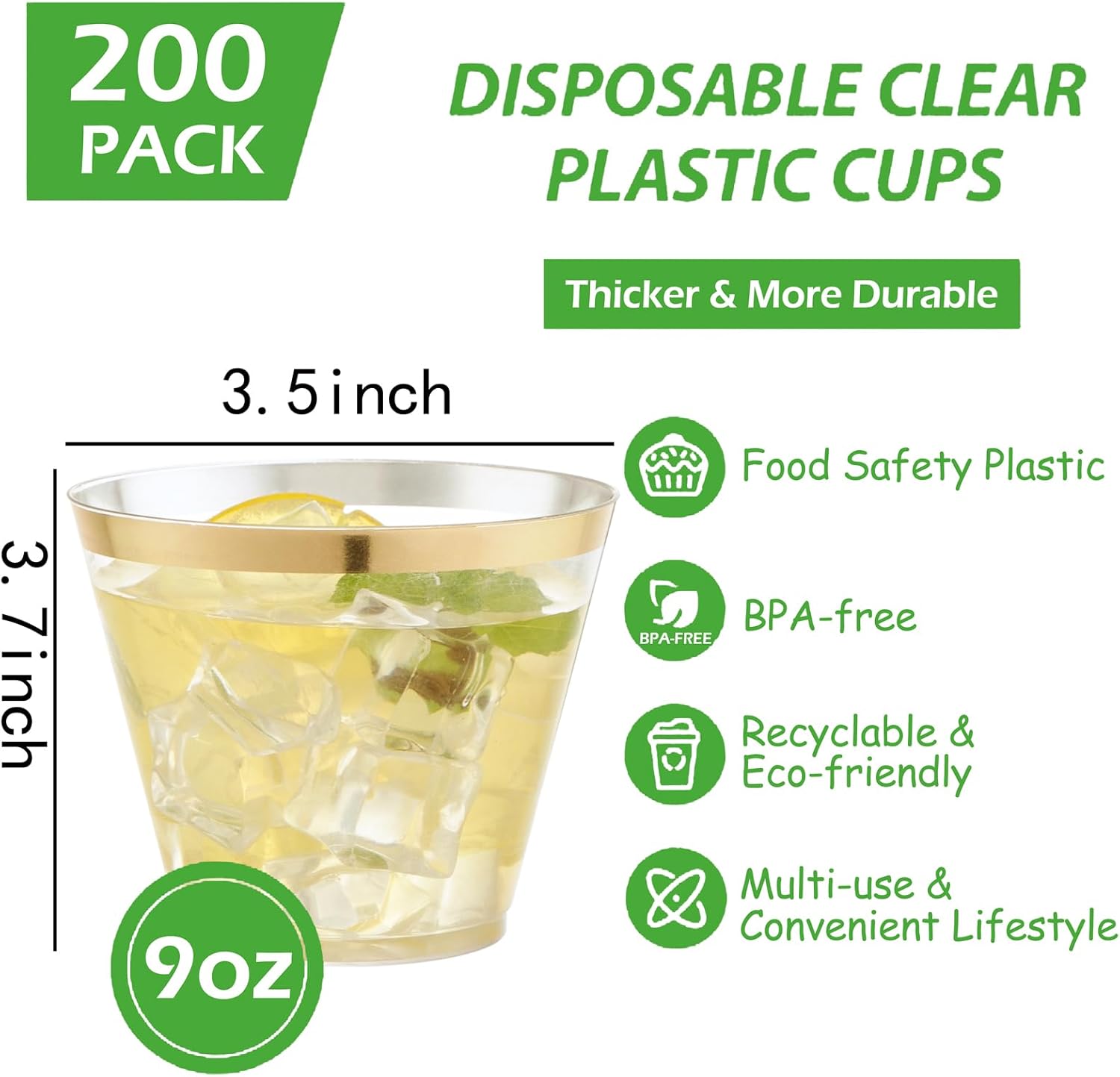 Hioasis 200Pcs 9OZ Clear Cups with Gold Trim
